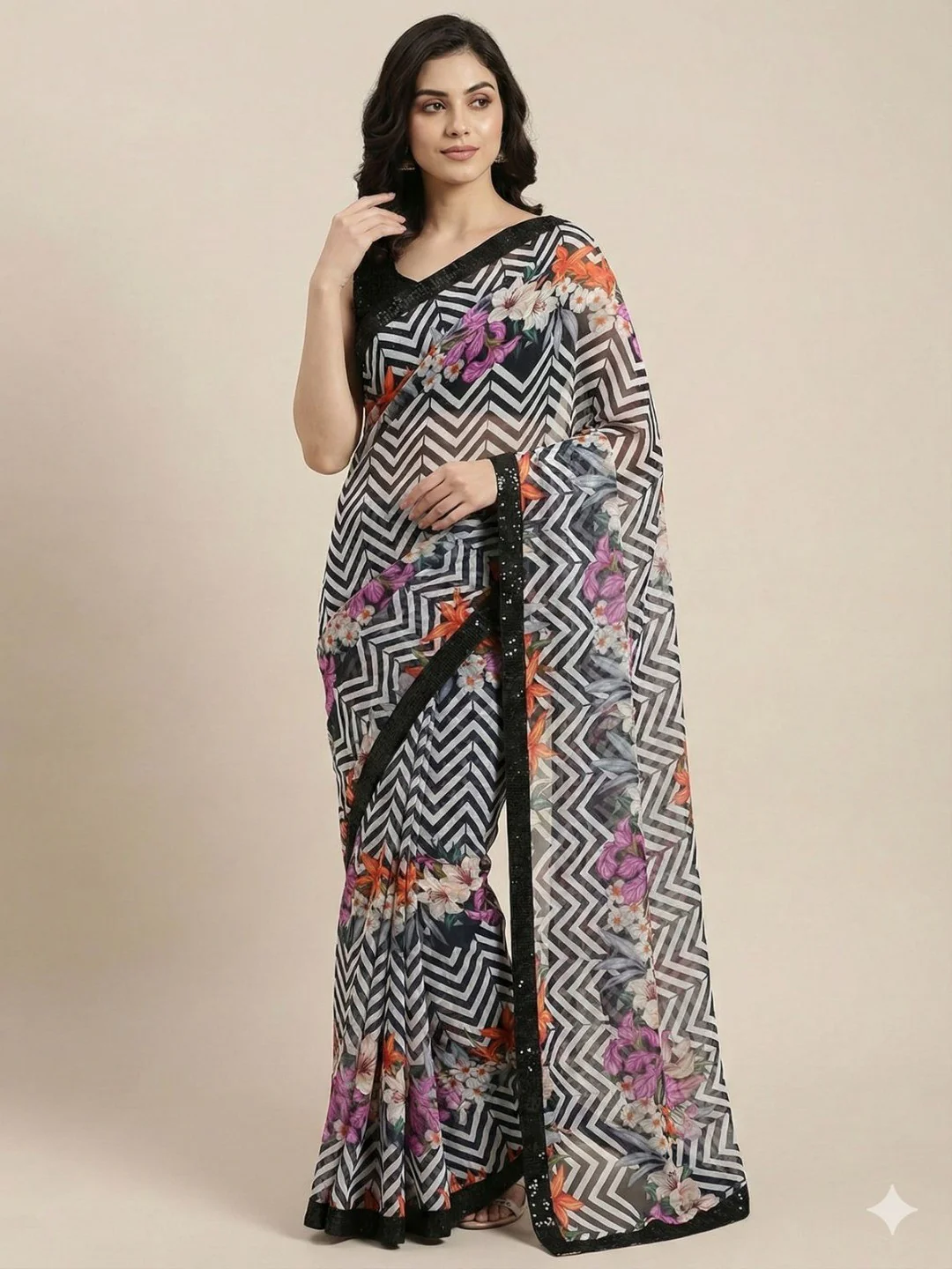 Timeless Black & White Georgette Saree Featuring a Zig-Zag Pattern and Sequin Border