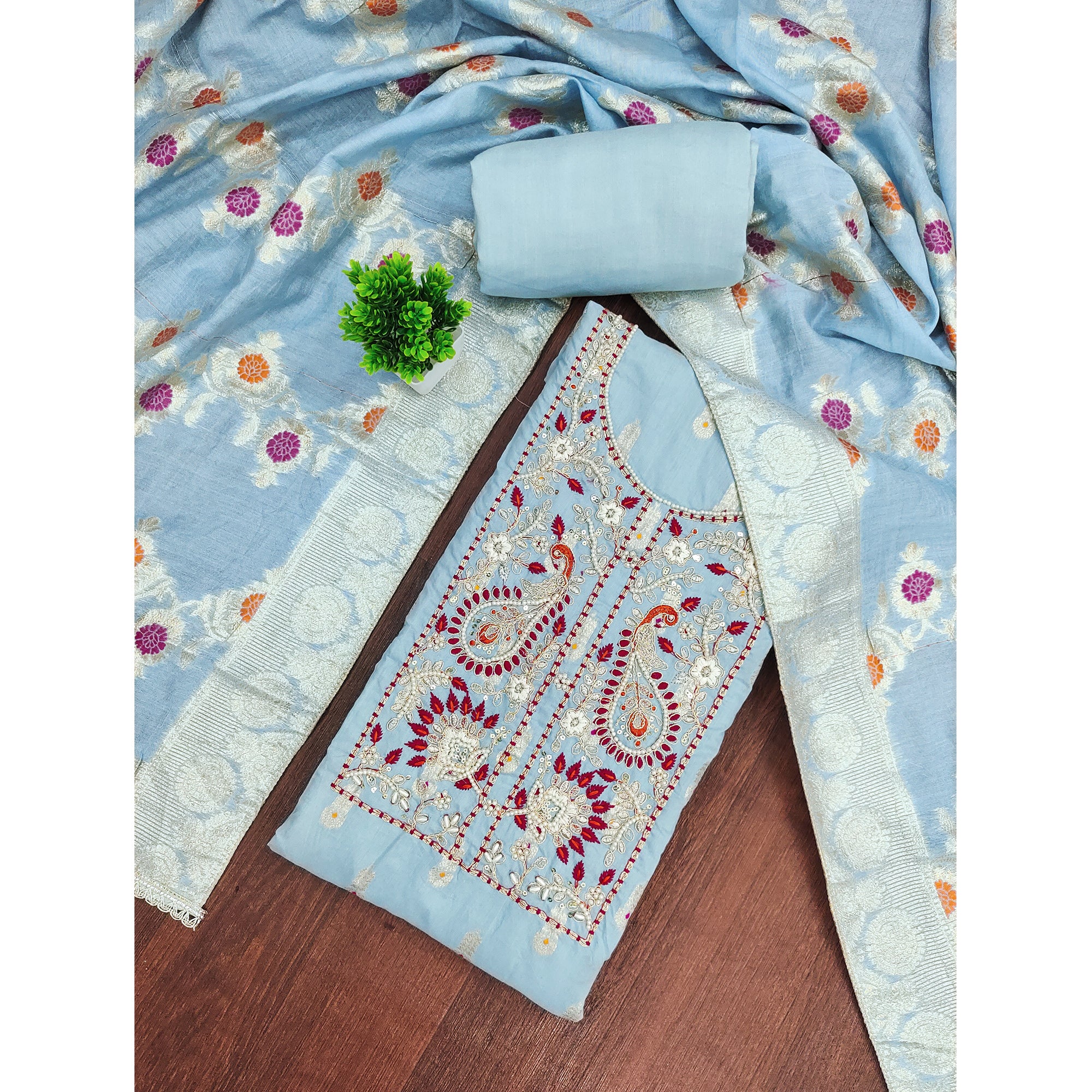 Timeless Blue Floral Weaving Muslin Dress Material With Elegant Sequins Embroidery & Moti Work - Image 3