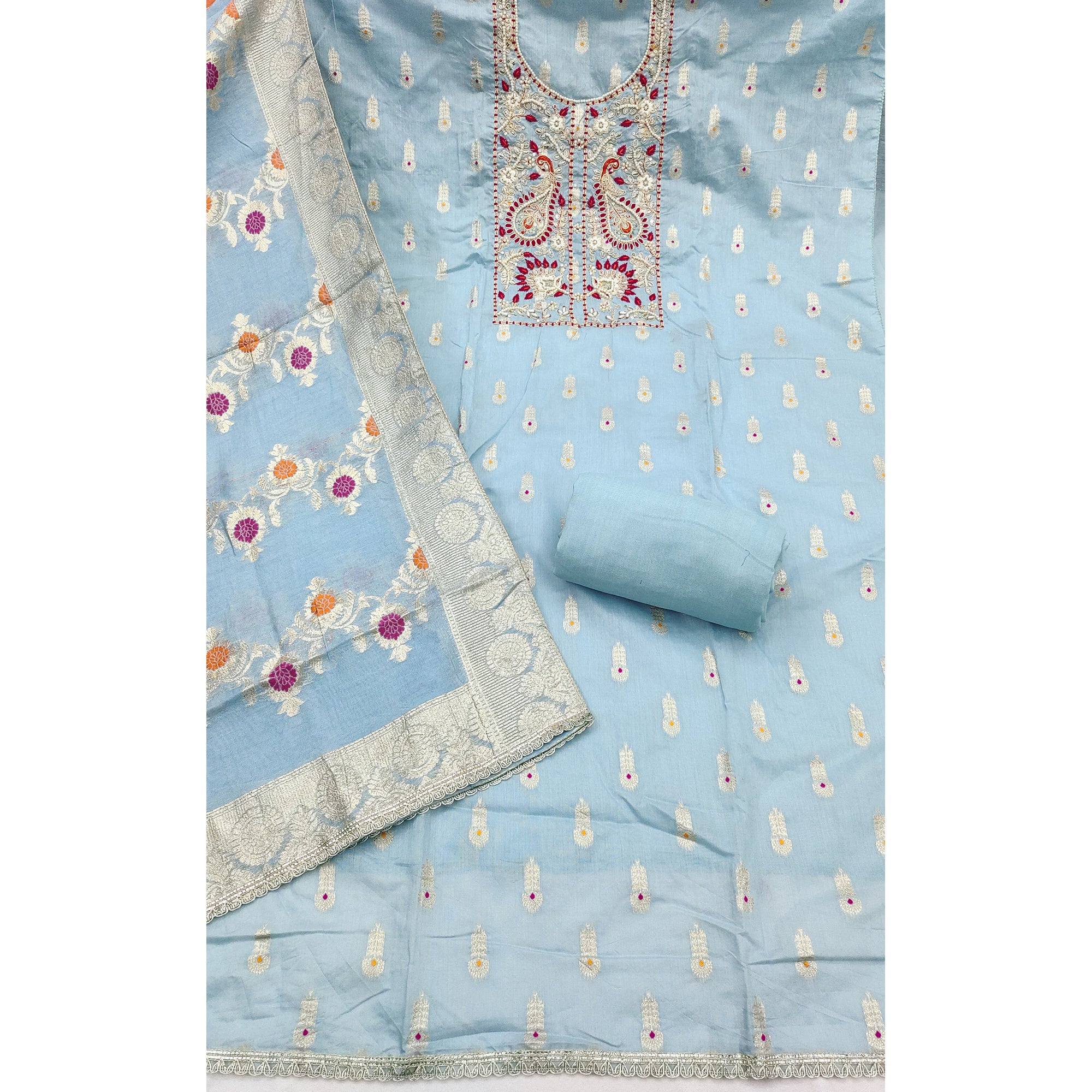 Timeless Blue Floral Weaving Muslin Dress Material With Elegant Sequins Embroidery & Moti Work - Image 4
