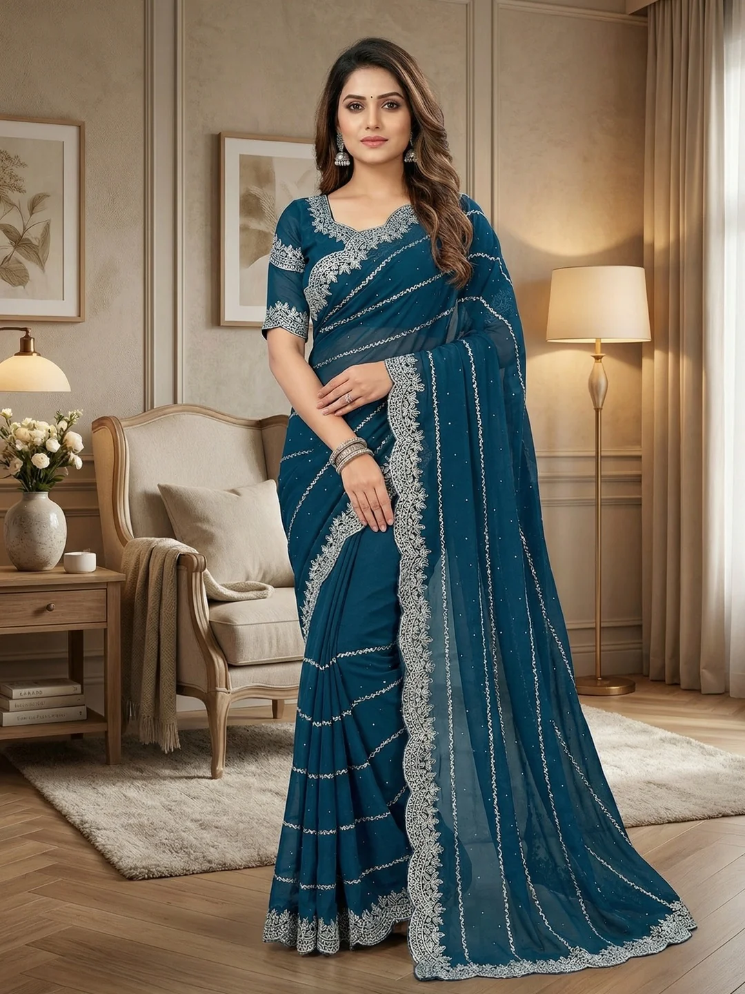 Timeless Blue Georgette Saree with Detailed Embroidery & Elegant Swarovski Embellishments