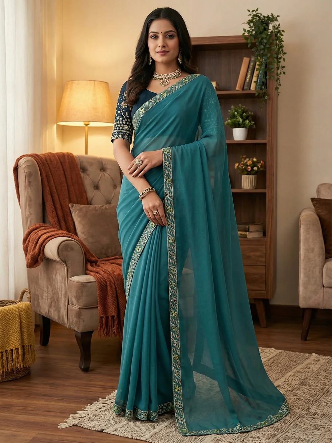 Timeless Blue Solid Georgette Saree Finished With Graceful Floral Hand Embroidered Lace Border