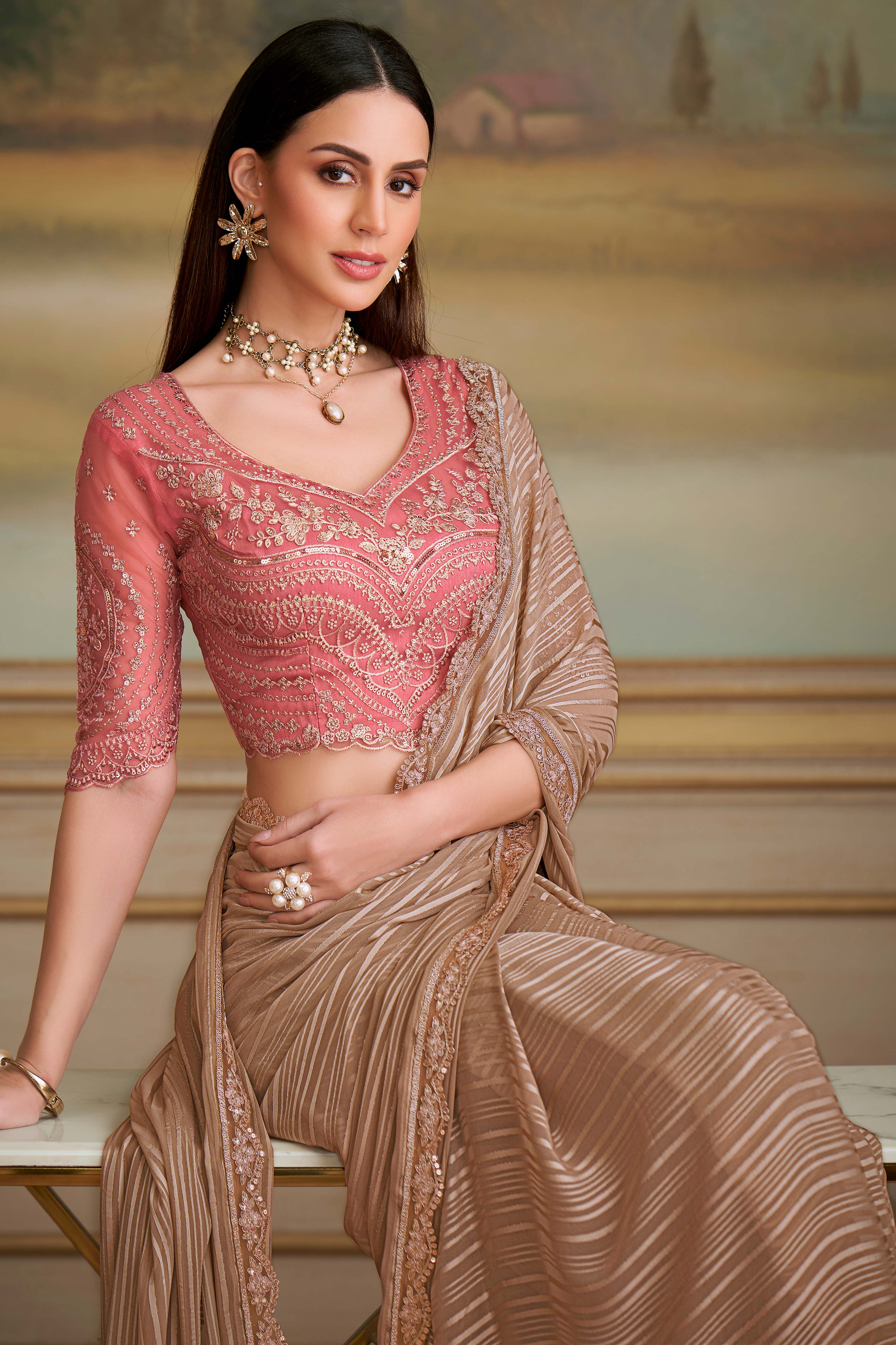 Timeless Chikoo Satin Stripe Pattern Georgette Saree With Floral Sequins Embroidery Lace Border - Image 3
