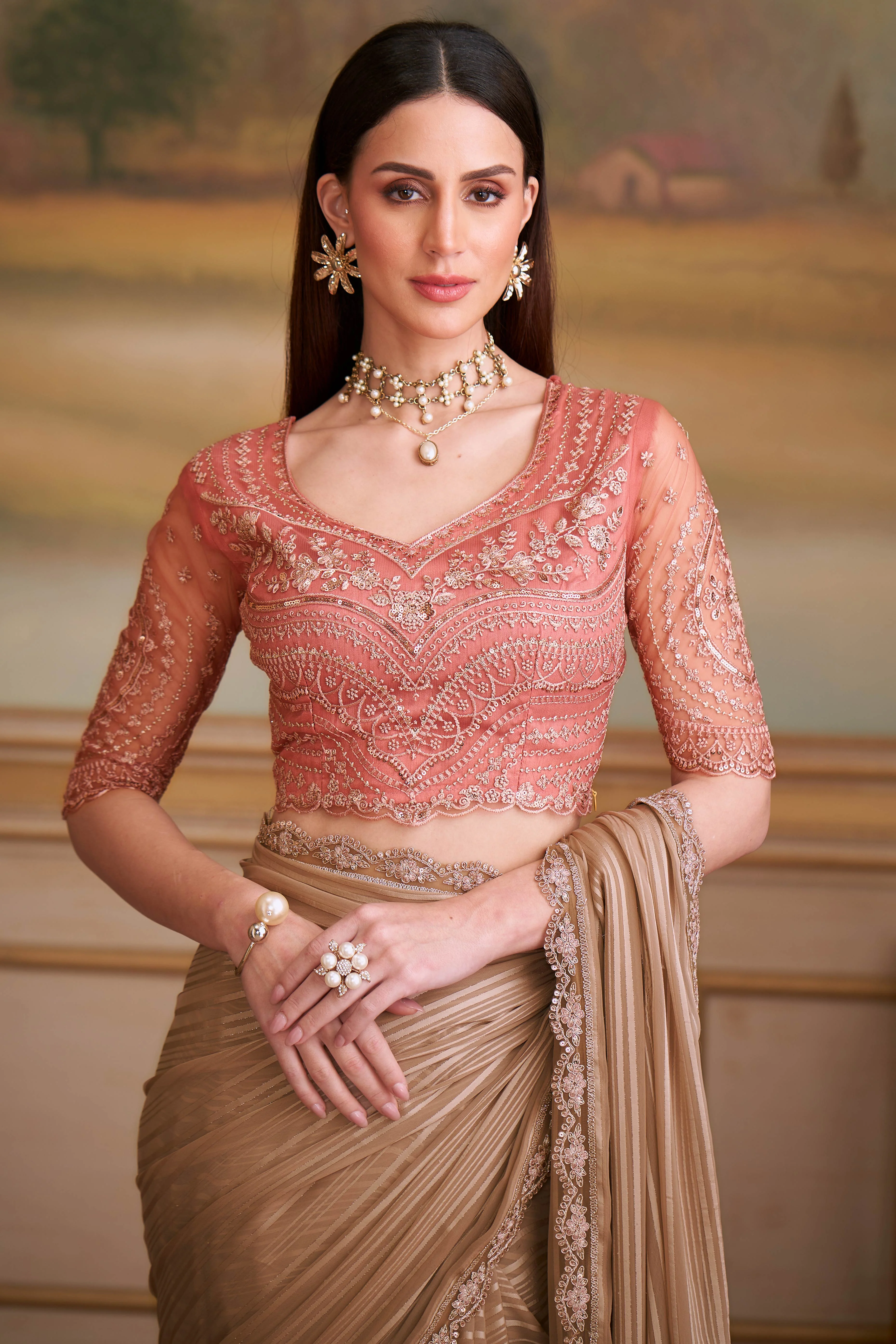 Timeless Chikoo Satin Stripe Pattern Georgette Saree With Floral Sequins Embroidery Lace Border - Image 4