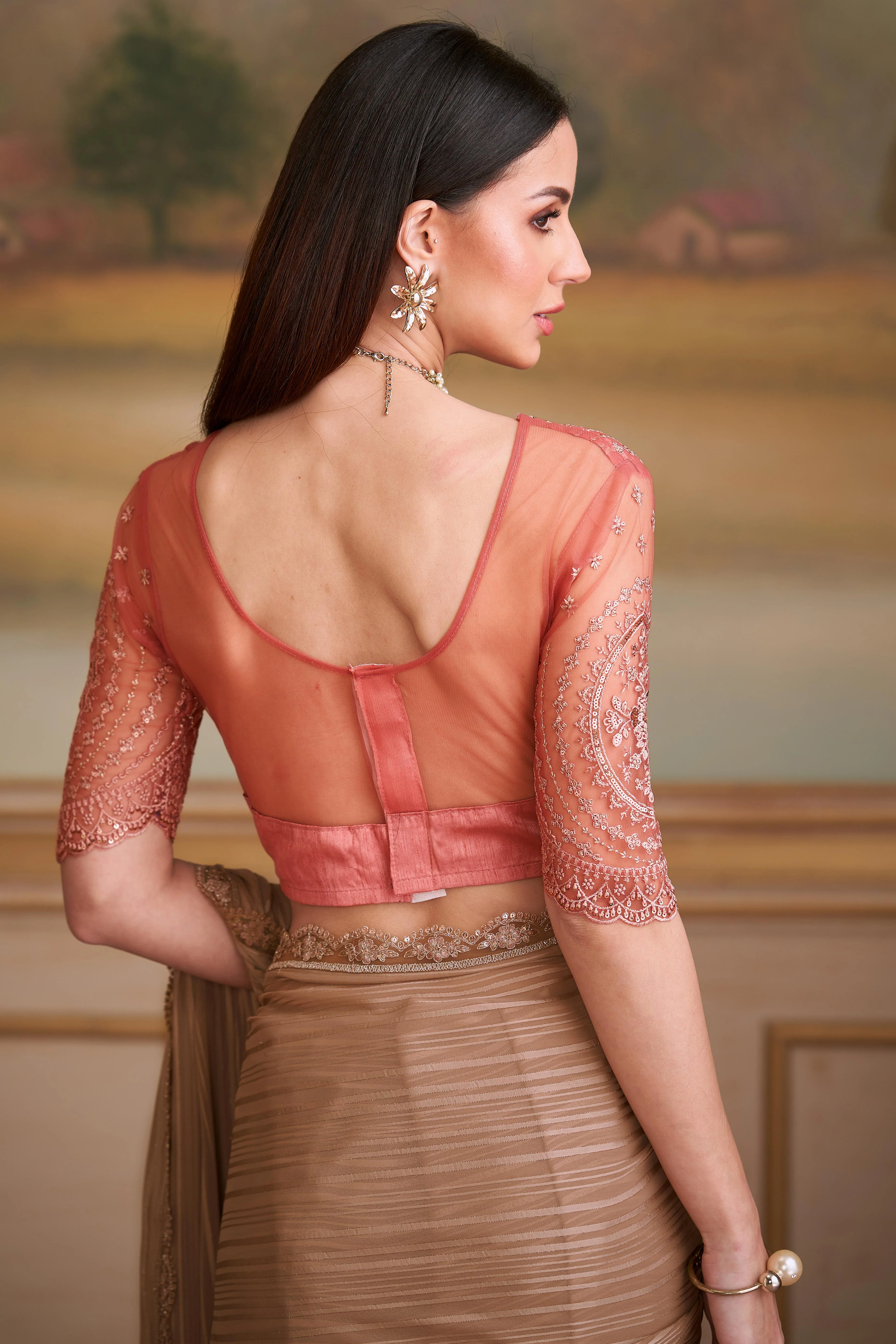 Timeless Chikoo Satin Stripe Pattern Georgette Saree With Floral Sequins Embroidery Lace Border - Image 5