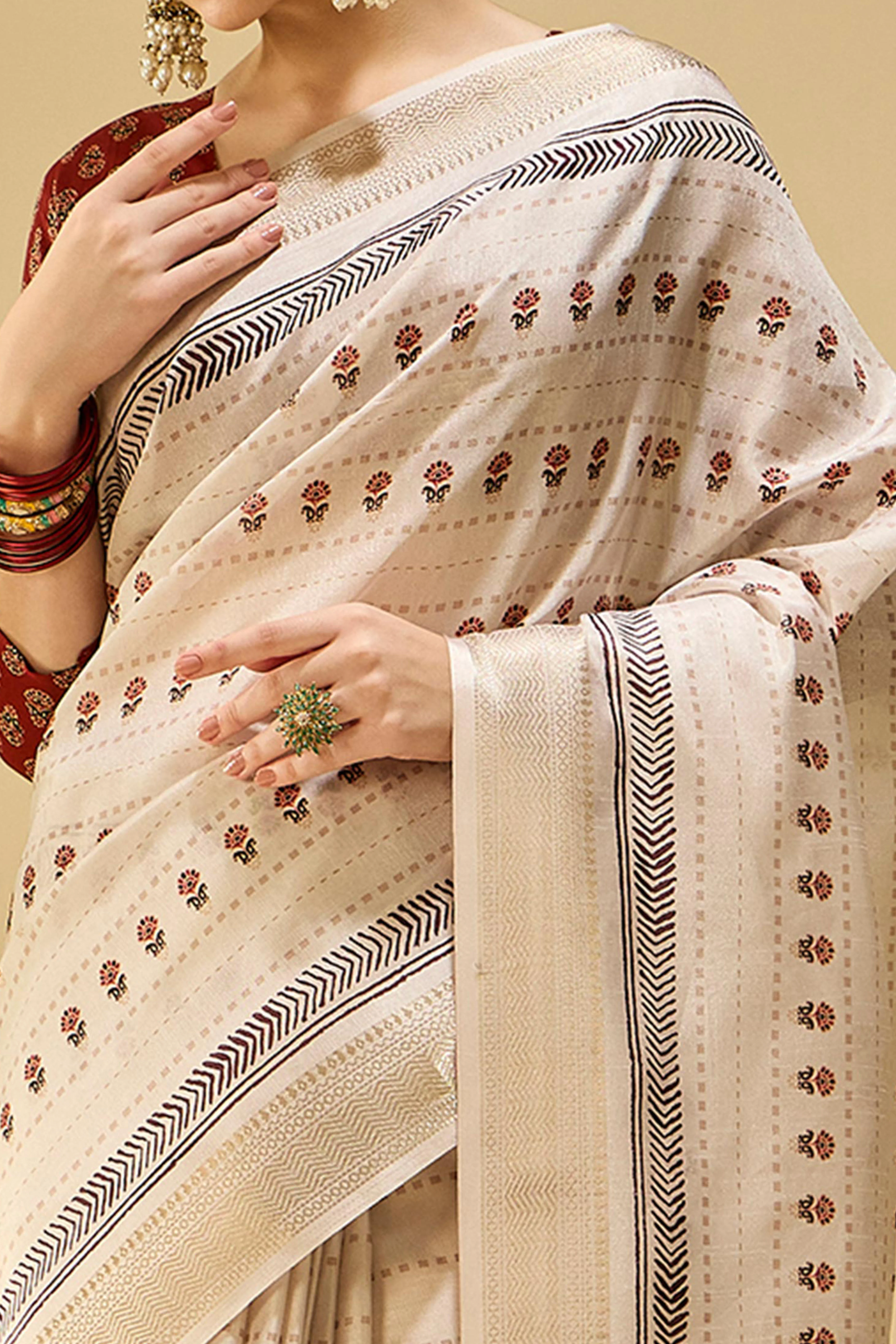 Timeless Cream Katki Cotton Silk Saree With Blooming Floral Prints & Tassel Draped Pallu - Image 2