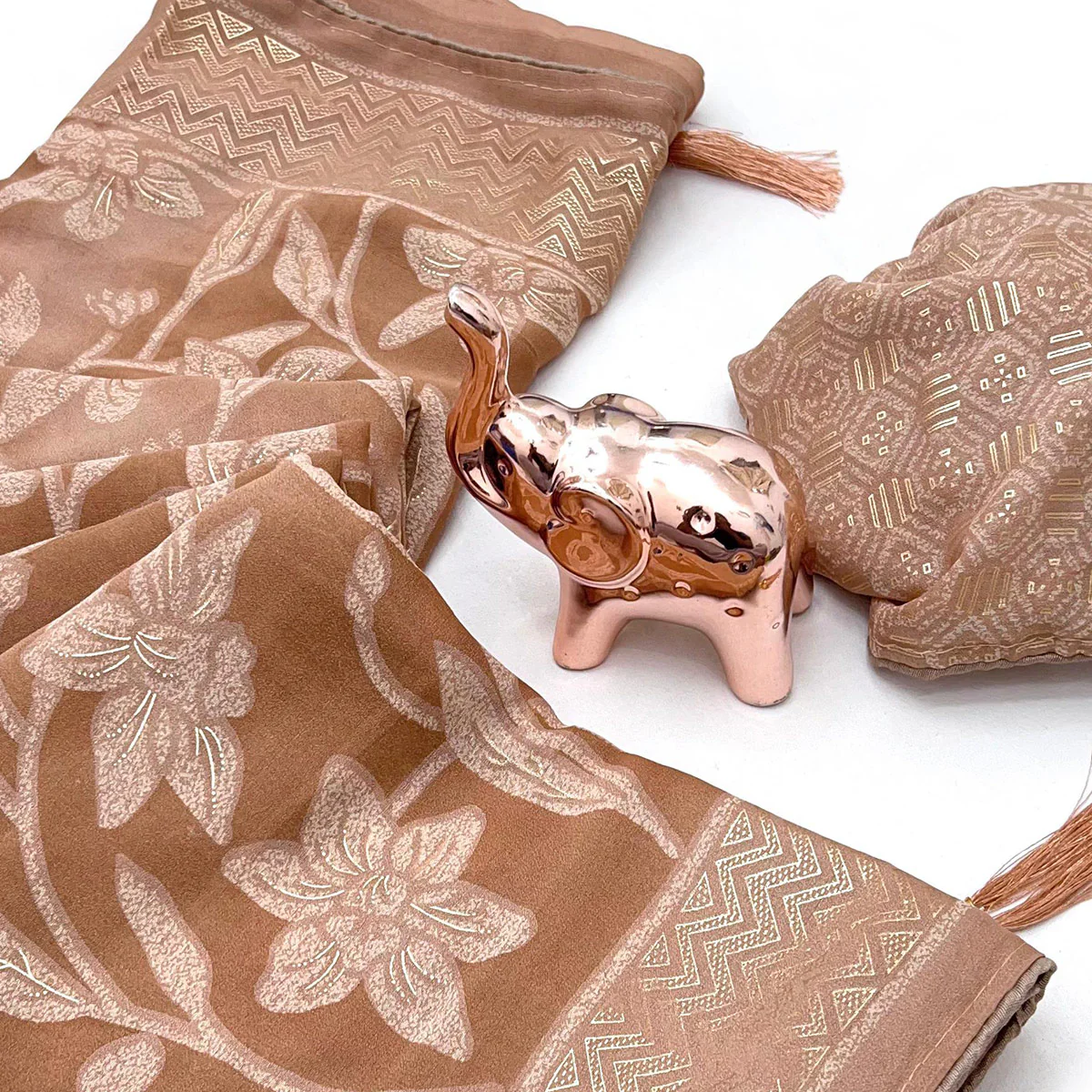 Timeless Dusty Brown Georgette Drape Adorned with All-over Floral Foil and Mill Print Detailing - Image 2