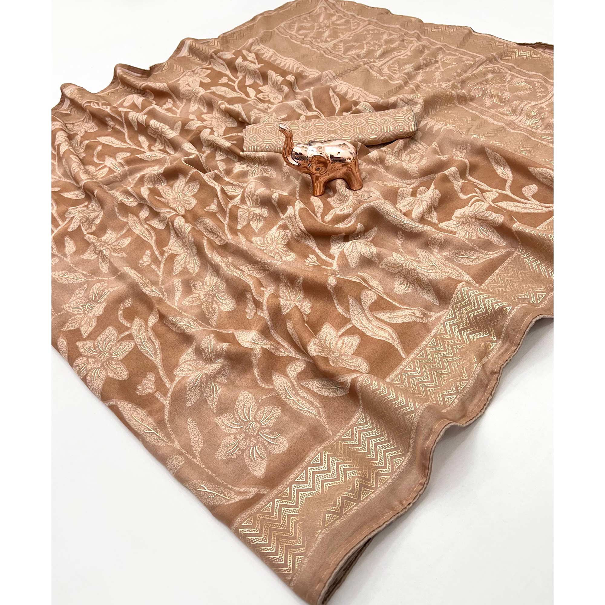 Timeless Dusty Brown Georgette Drape Adorned with All-over Floral Foil and Mill Print Detailing - Image 3