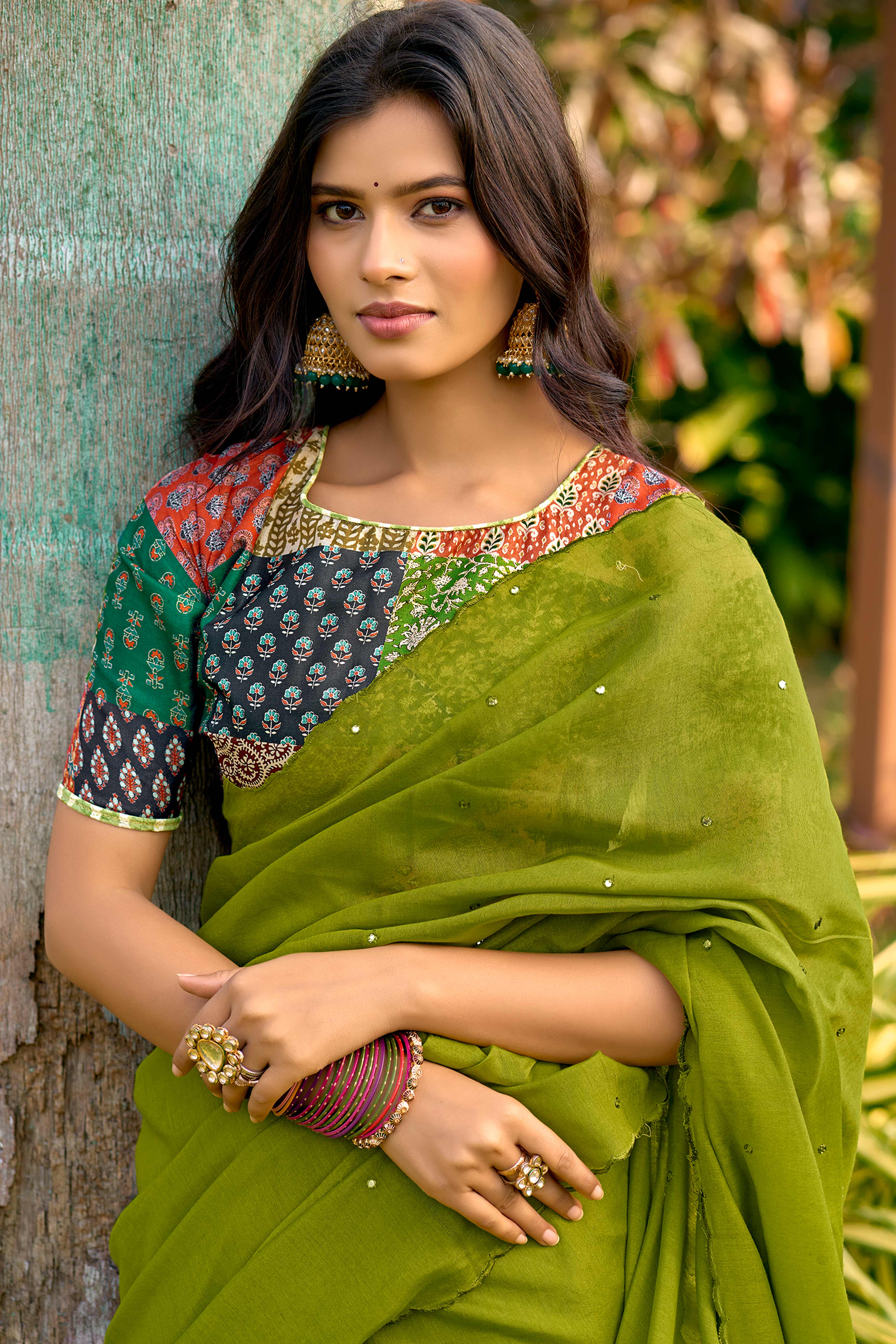 Timeless Green Cotton Blend Drape Highlighted With Shimmering Mirror Embroidery Work - Image 3