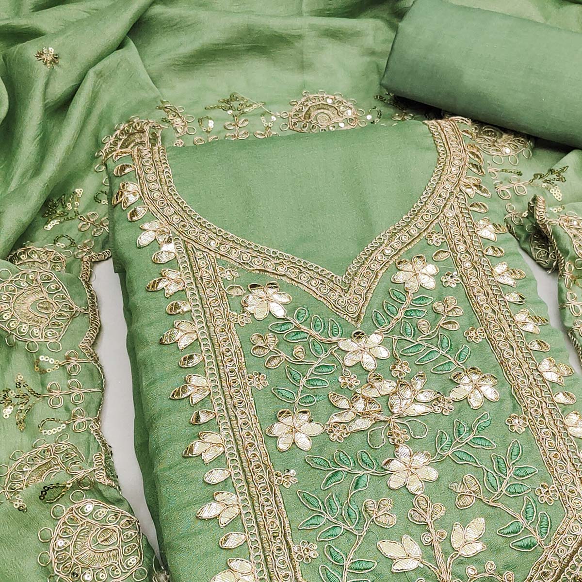 Timeless Green Floral Embroidered Vichitra Silk Dress Material Highlighted With Gota Patti Work - Image 2