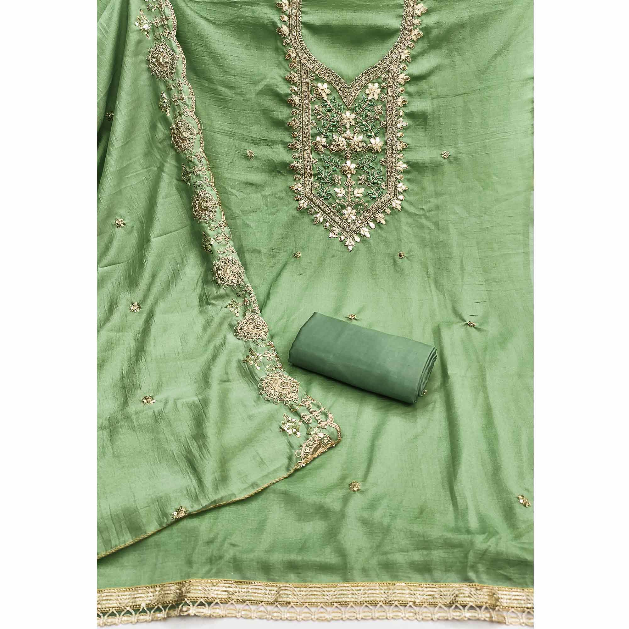 Timeless Green Floral Embroidered Vichitra Silk Dress Material Highlighted With Gota Patti Work - Image 3