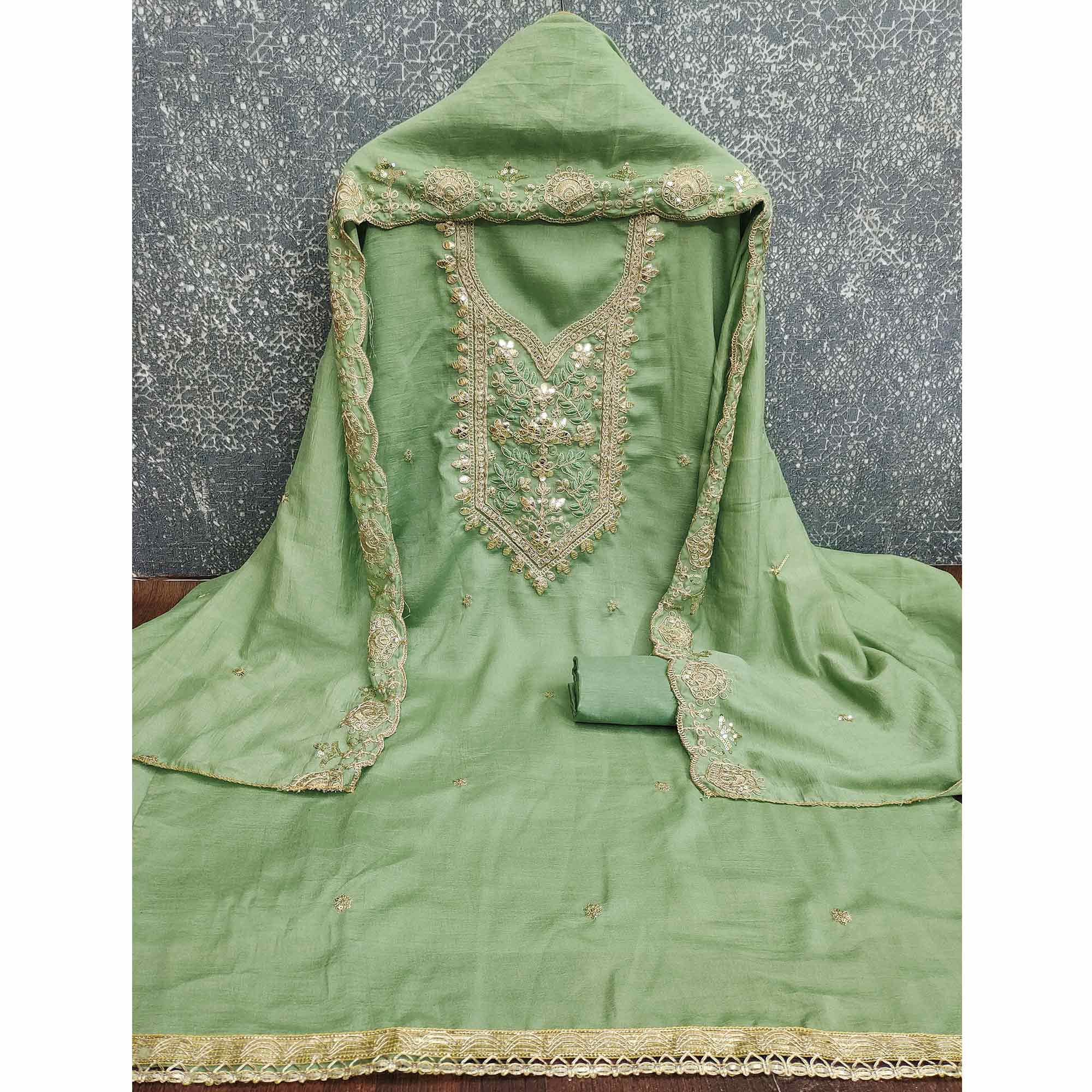 Timeless Green Floral Embroidered Vichitra Silk Dress Material Highlighted With Gota Patti Work - Image 4