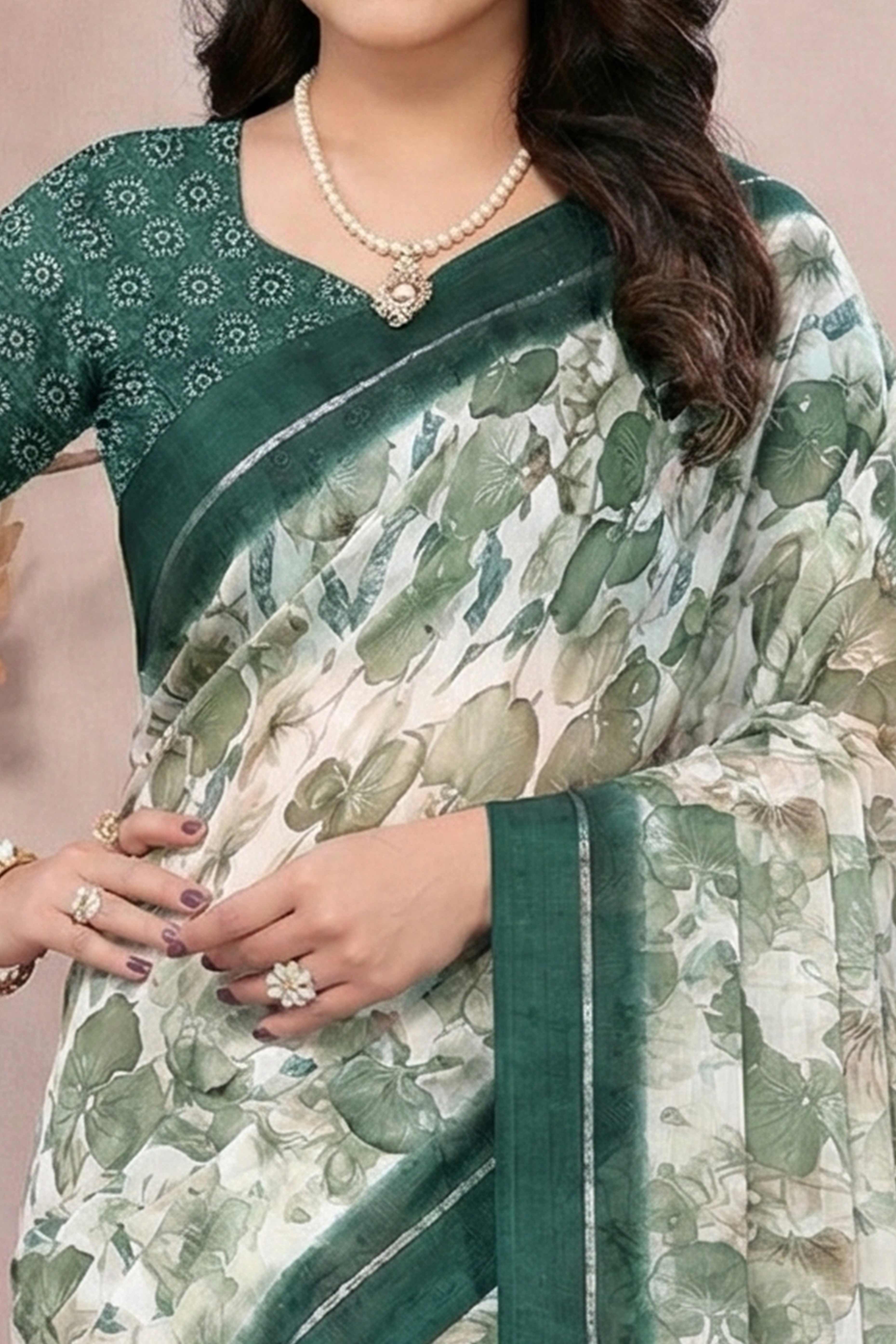 Timeless Green Leaf Printed Moss Saree With A Sophisticated Satin Patta Border - Image 2