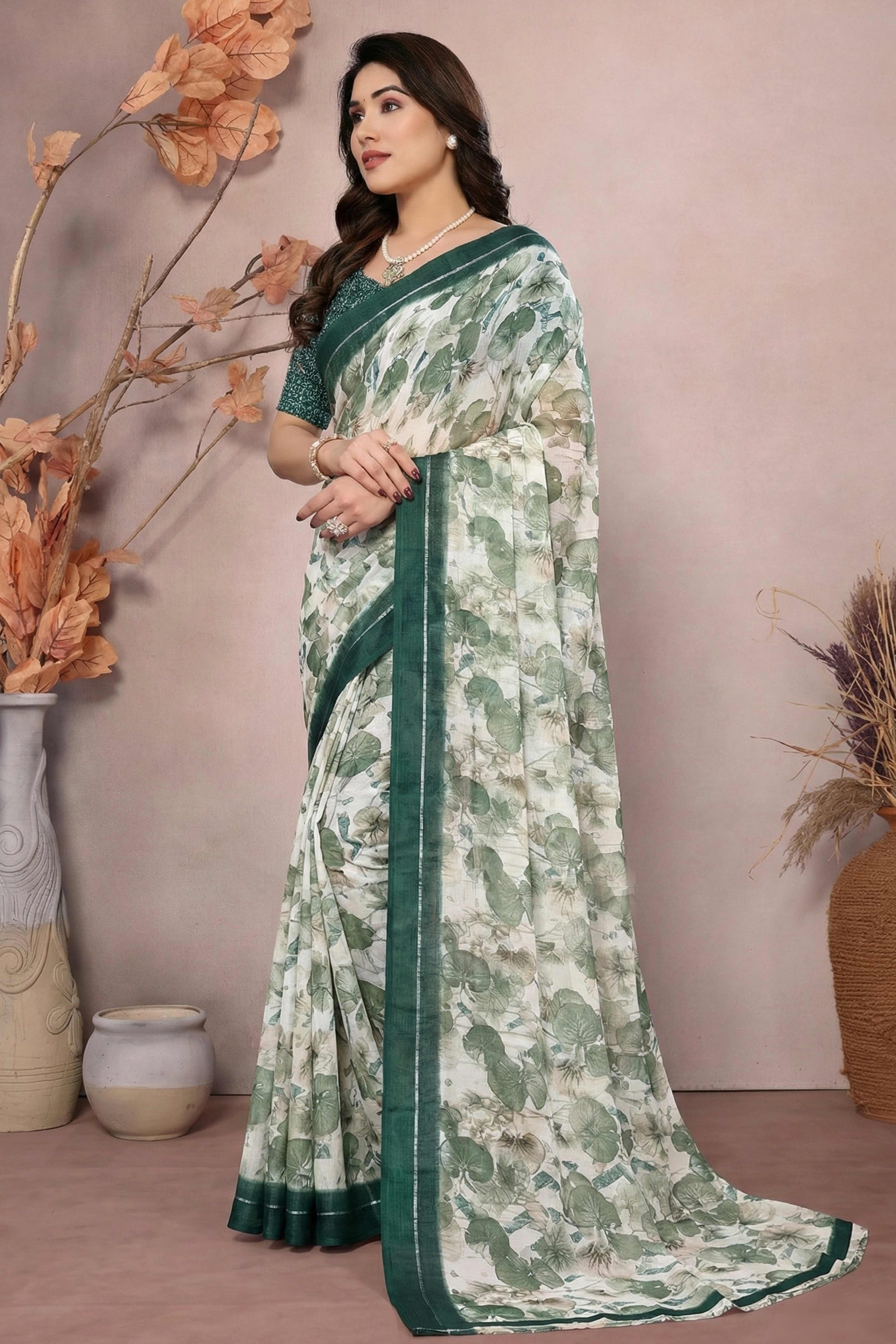 Timeless Green Leaf Printed Moss Saree With A Sophisticated Satin Patta Border - Image 3