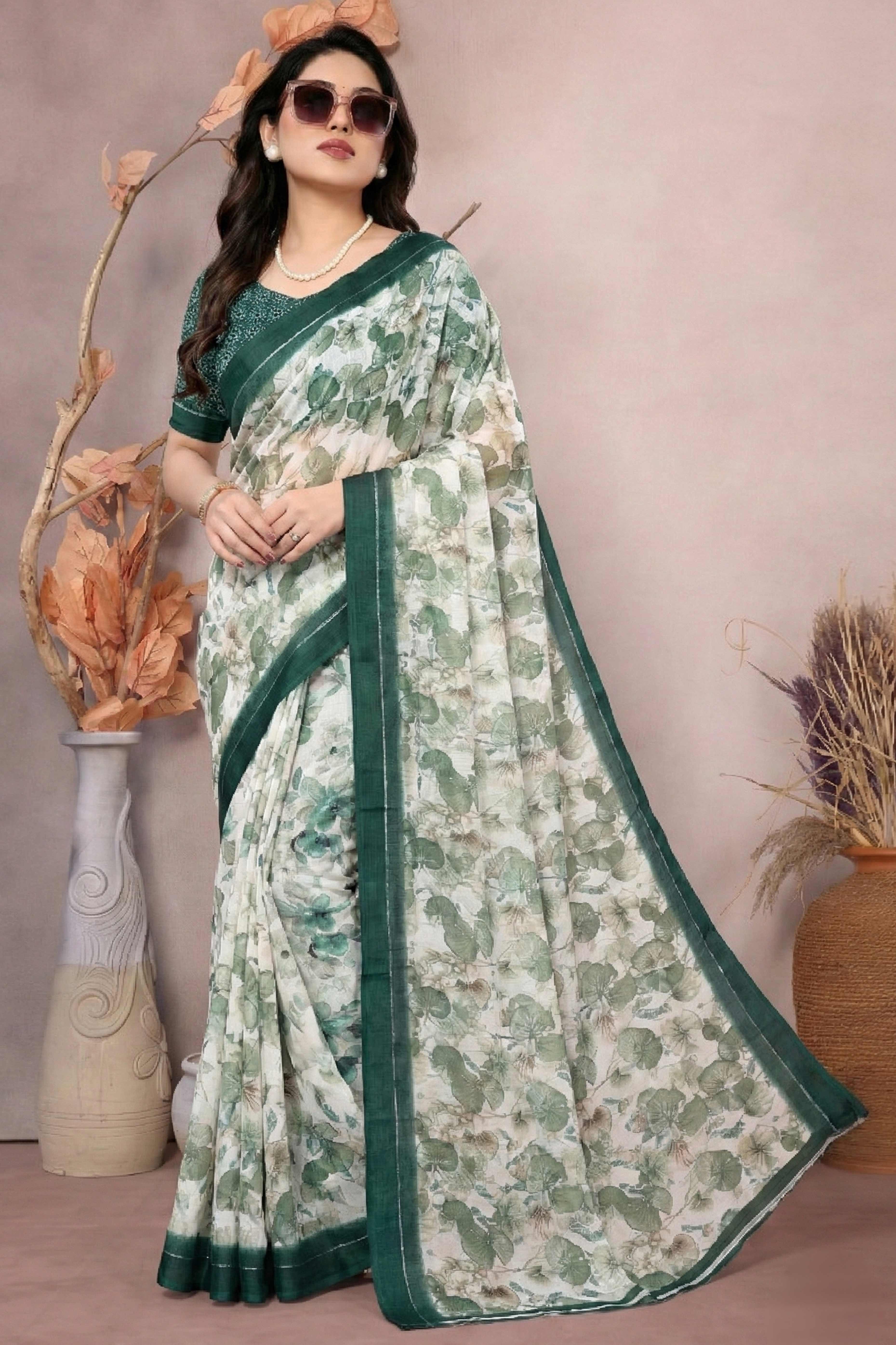 Timeless Green Leaf Printed Moss Saree With A Sophisticated Satin Patta Border - Image 4