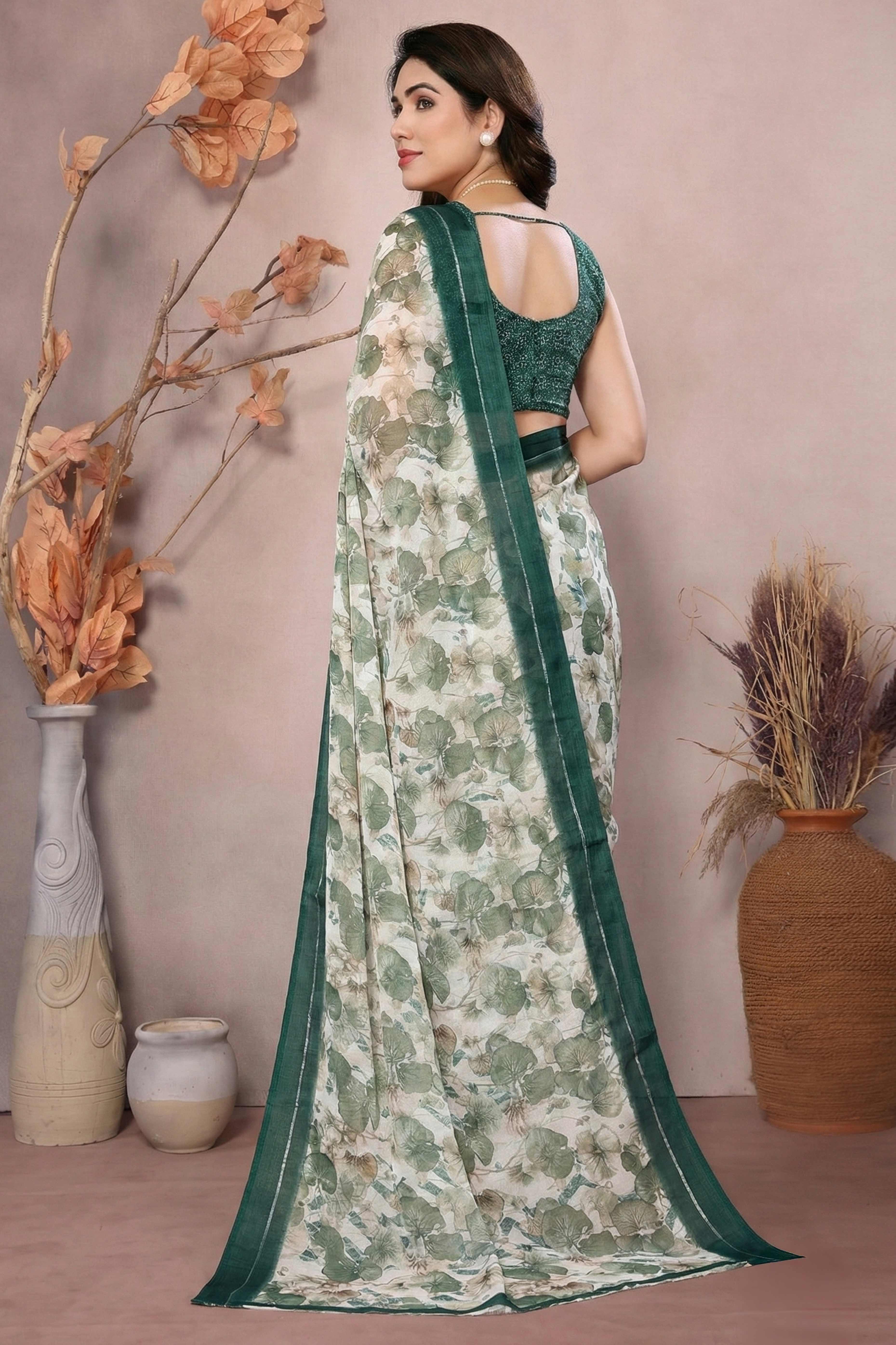 Timeless Green Leaf Printed Moss Saree With A Sophisticated Satin Patta Border - Image 5