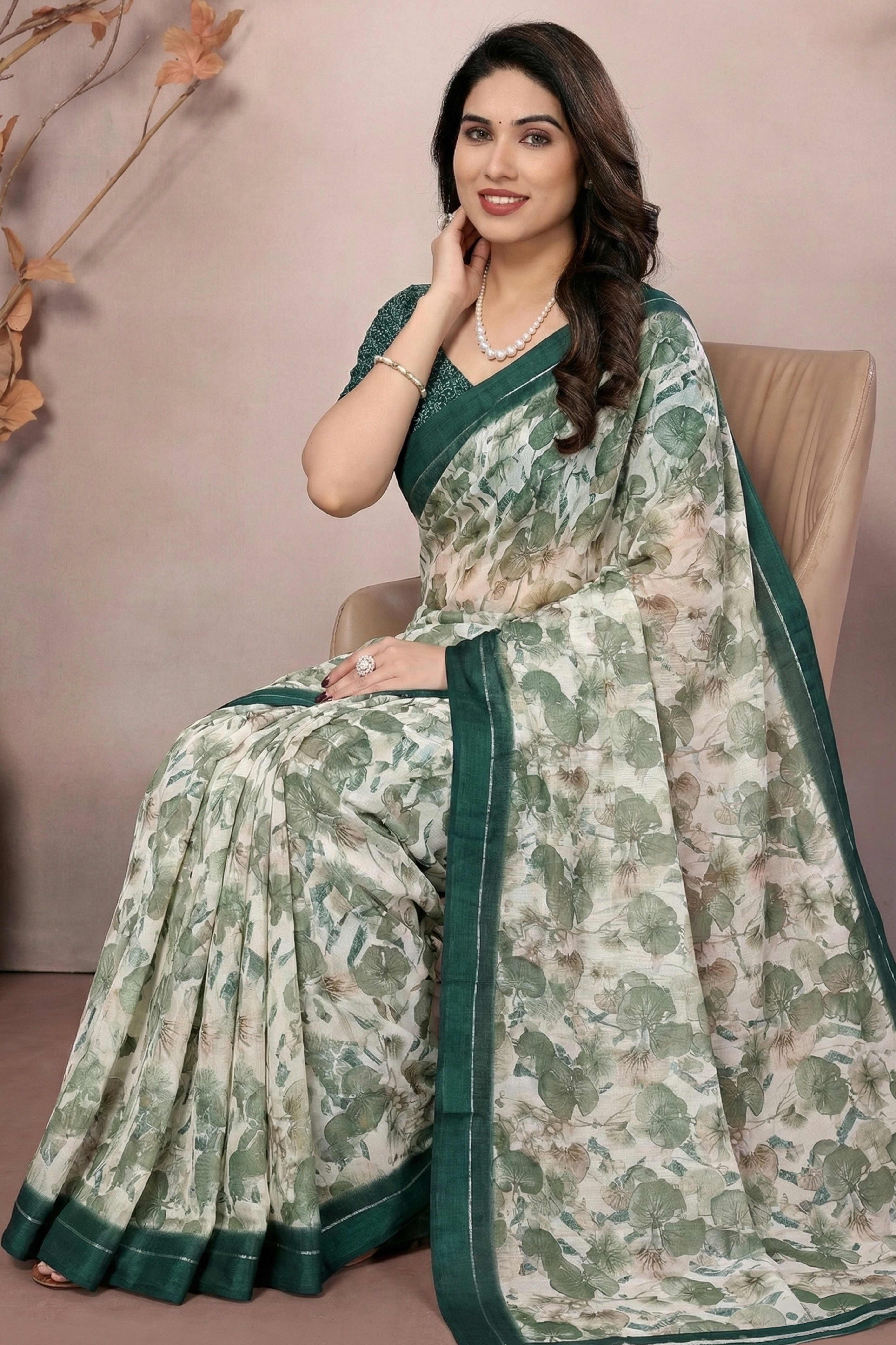 Timeless Green Leaf Printed Moss Saree With A Sophisticated Satin Patta Border - Image 6
