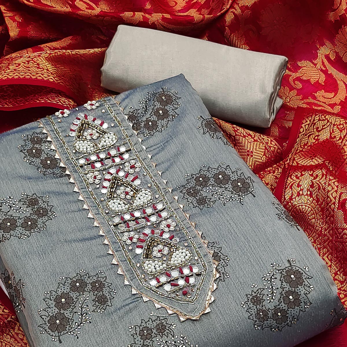 Timeless Grey Floral Printed Chanderi Silk Dress Material Enhanced With Intricate Moti Handwork - Image 2
