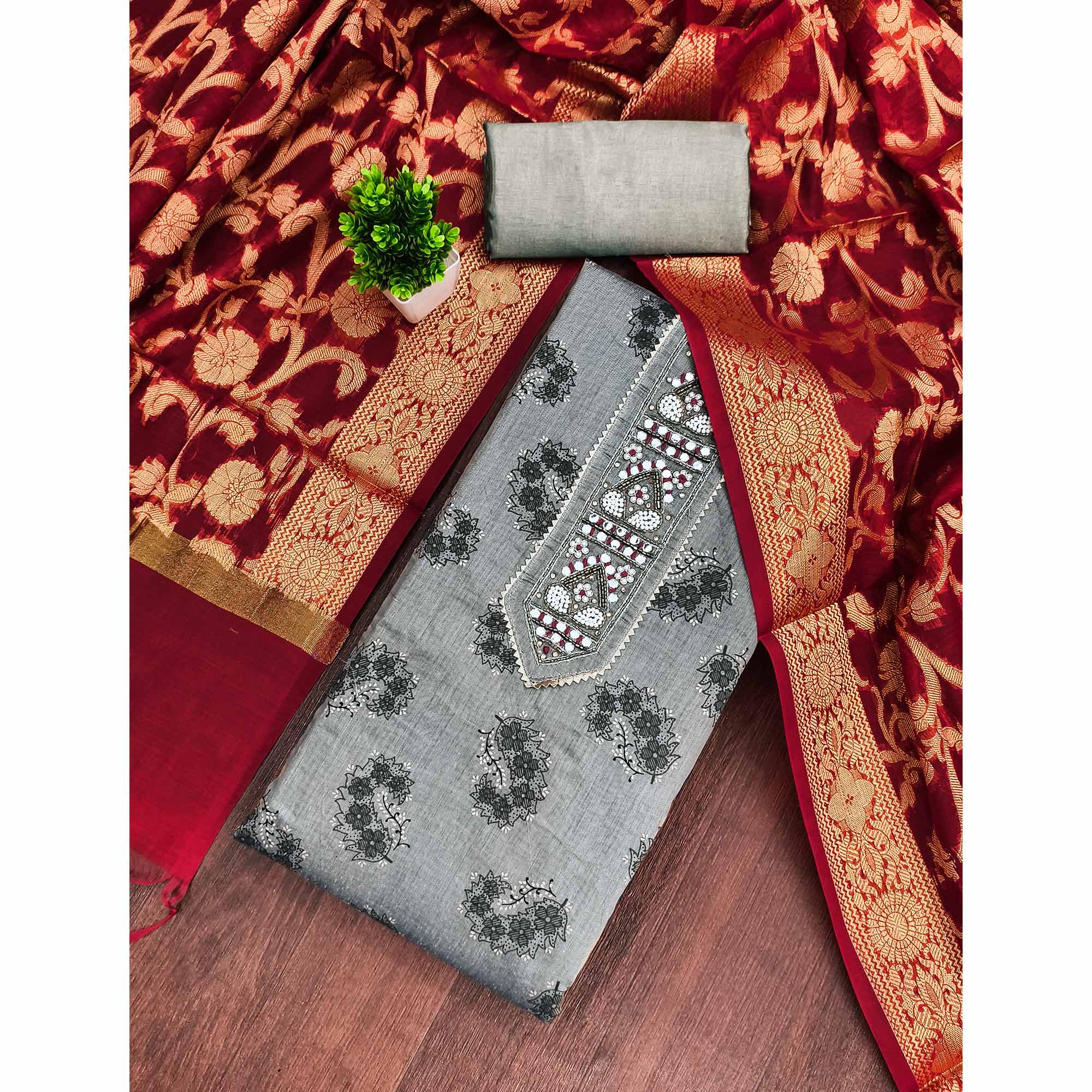 Timeless Grey Floral Printed Chanderi Silk Dress Material Enhanced With Intricate Moti Handwork - Image 3