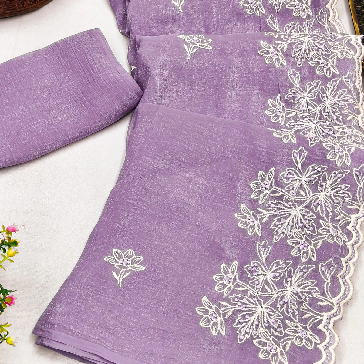 Timeless Lavender Floral Organza Saree with Embroidery for Parties - Image 2