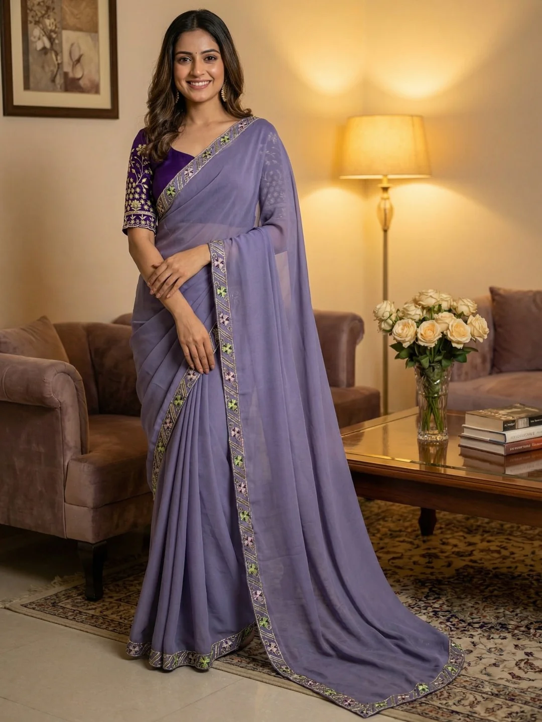 Timeless Lavender Solid Georgette Saree Finished With Graceful Floral Hand Embroidered Lace Border