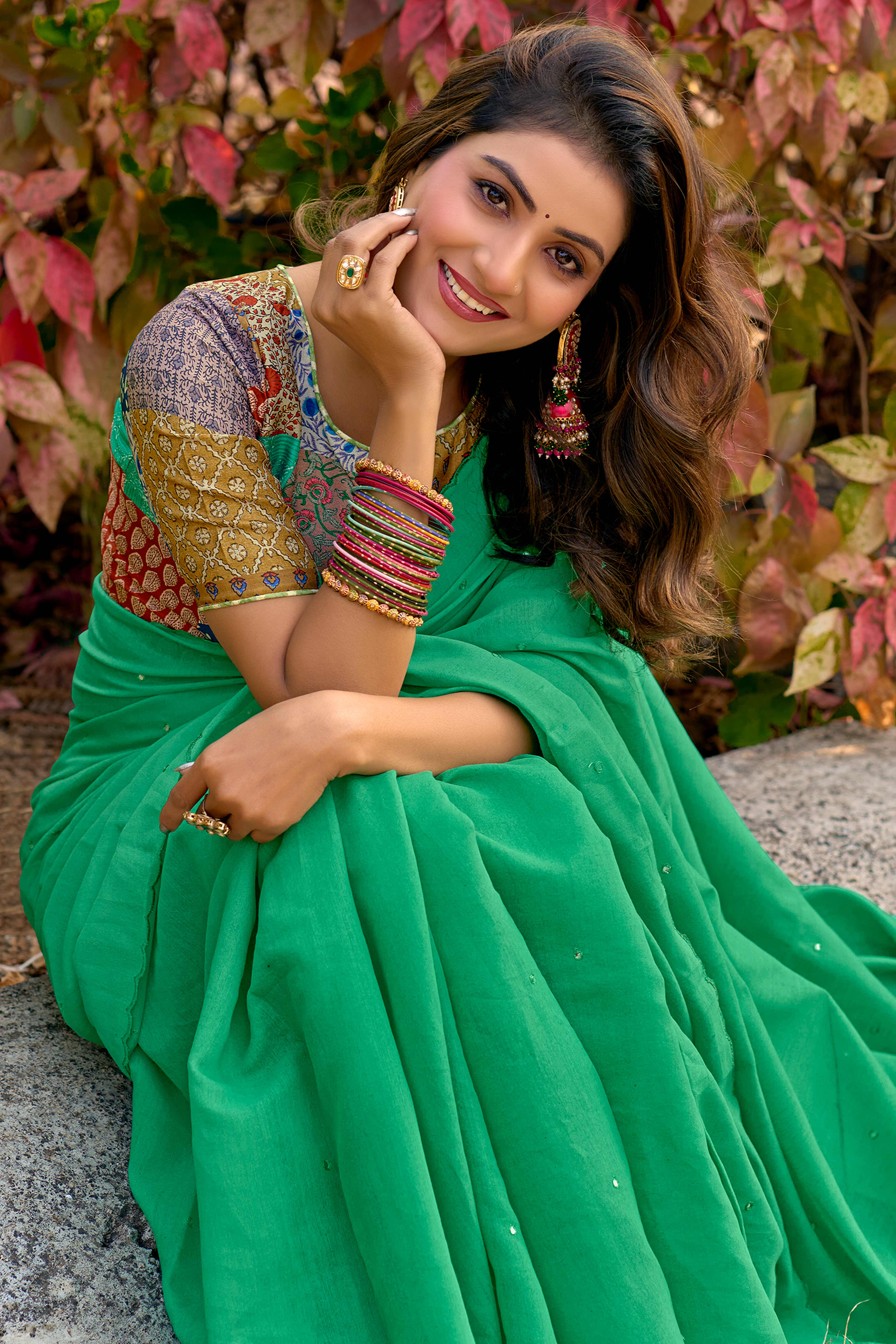 Timeless Mint Green Cotton Blend Drape Highlighted With Shimmering Mirror Embroidery Work - Image 3