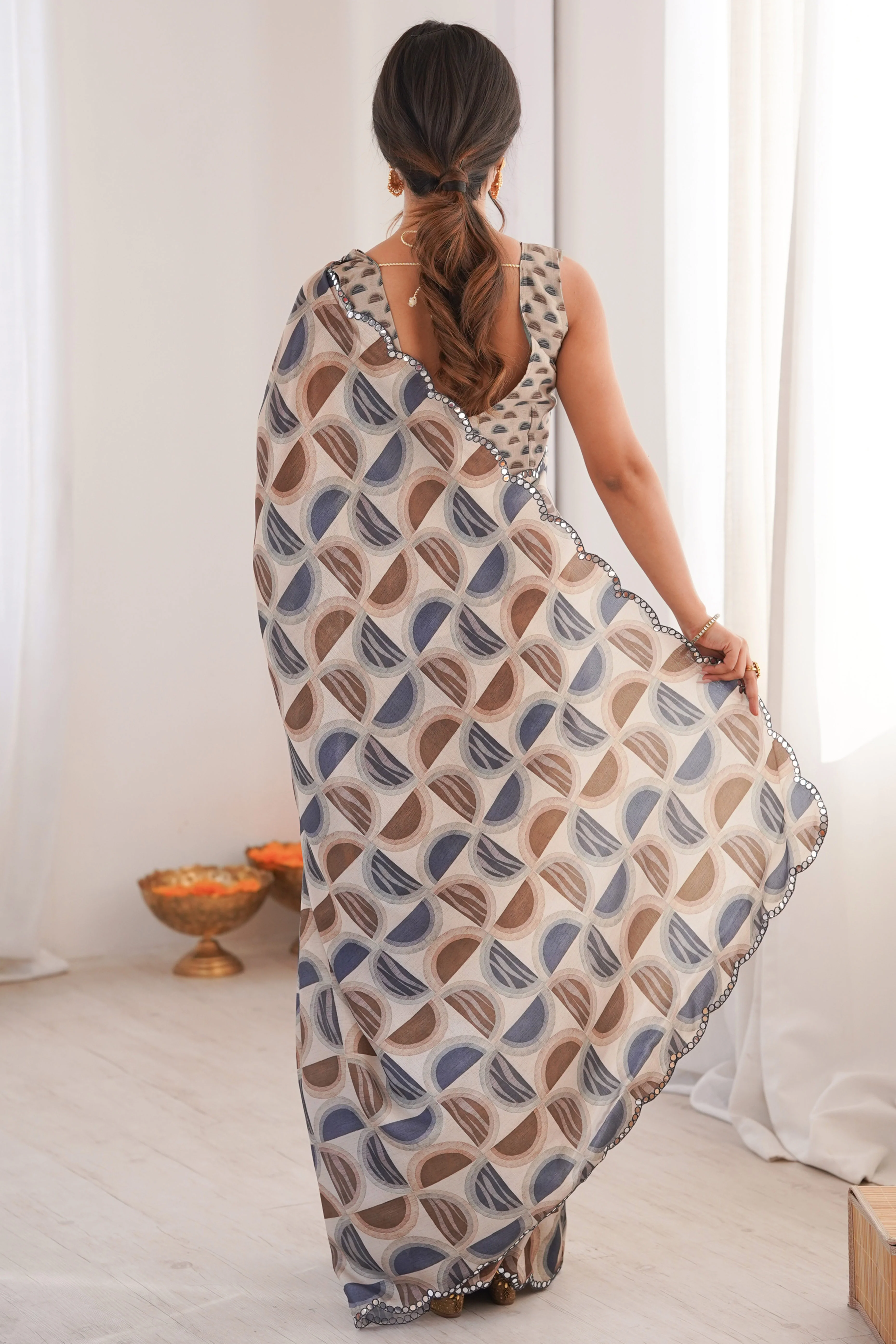 Timeless Multicolor Geometric Digital Printed Chinon Saree With Refined Embroidered Border Accents - Image 6