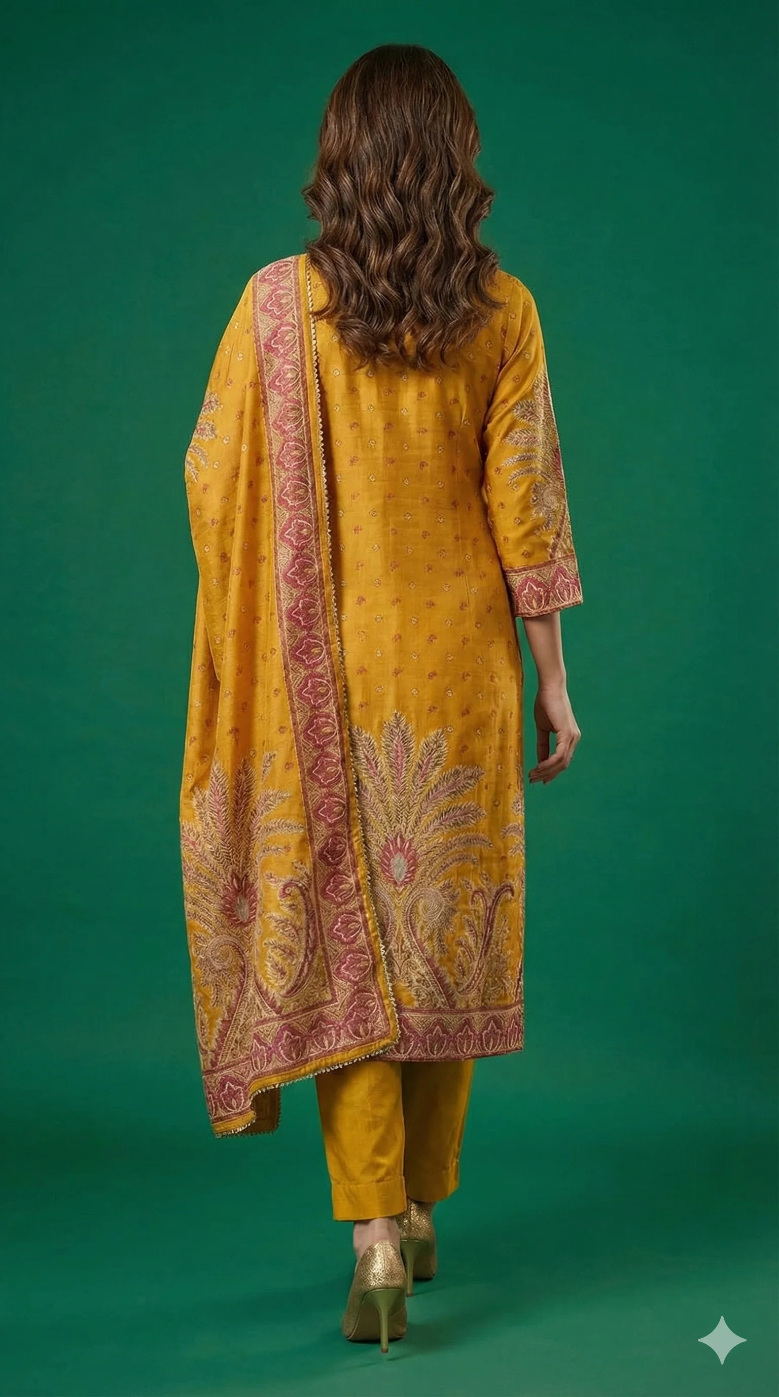 Timeless Mustard Floral Motifs Muslin Straight Cut Salwar Suit Premium Heavy Stones Work - Image 3