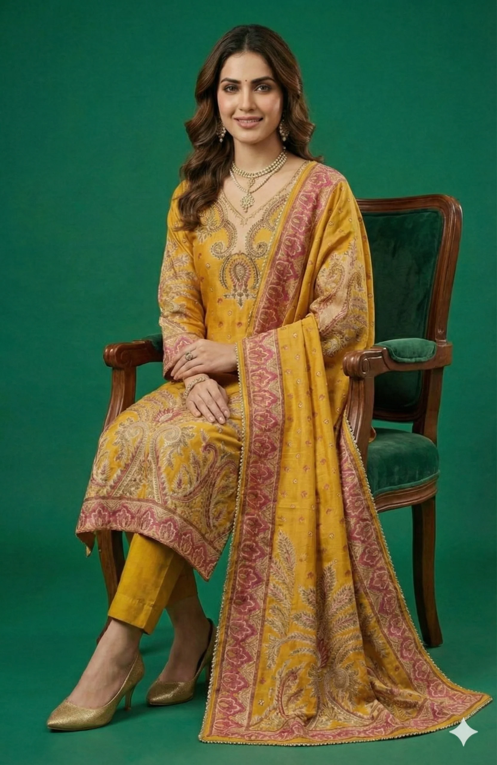 Timeless Mustard Floral Motifs Muslin Straight Cut Salwar Suit Premium Heavy Stones Work - Image 4