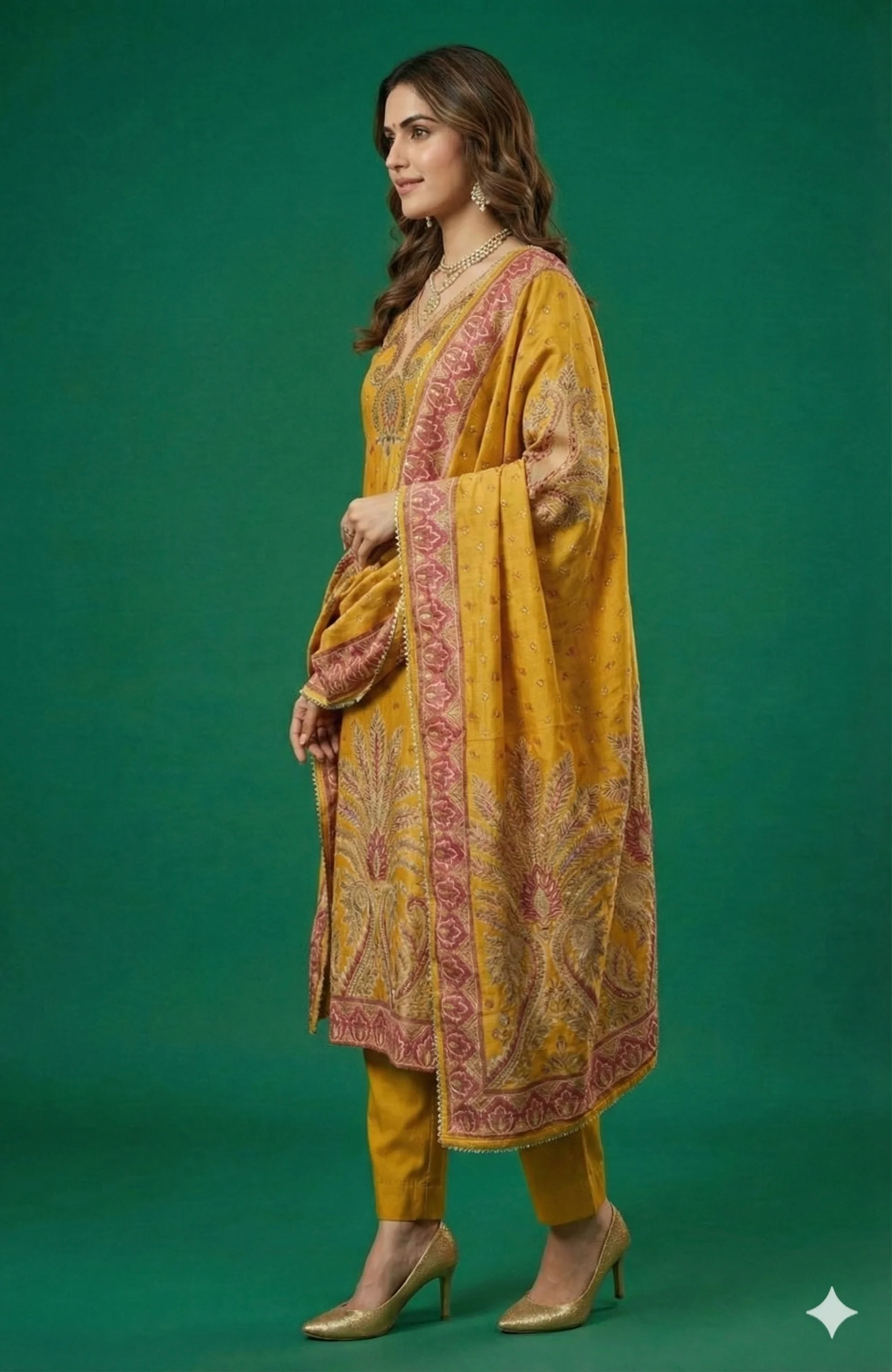 Timeless Mustard Floral Motifs Muslin Straight Cut Salwar Suit Premium Heavy Stones Work - Image 5