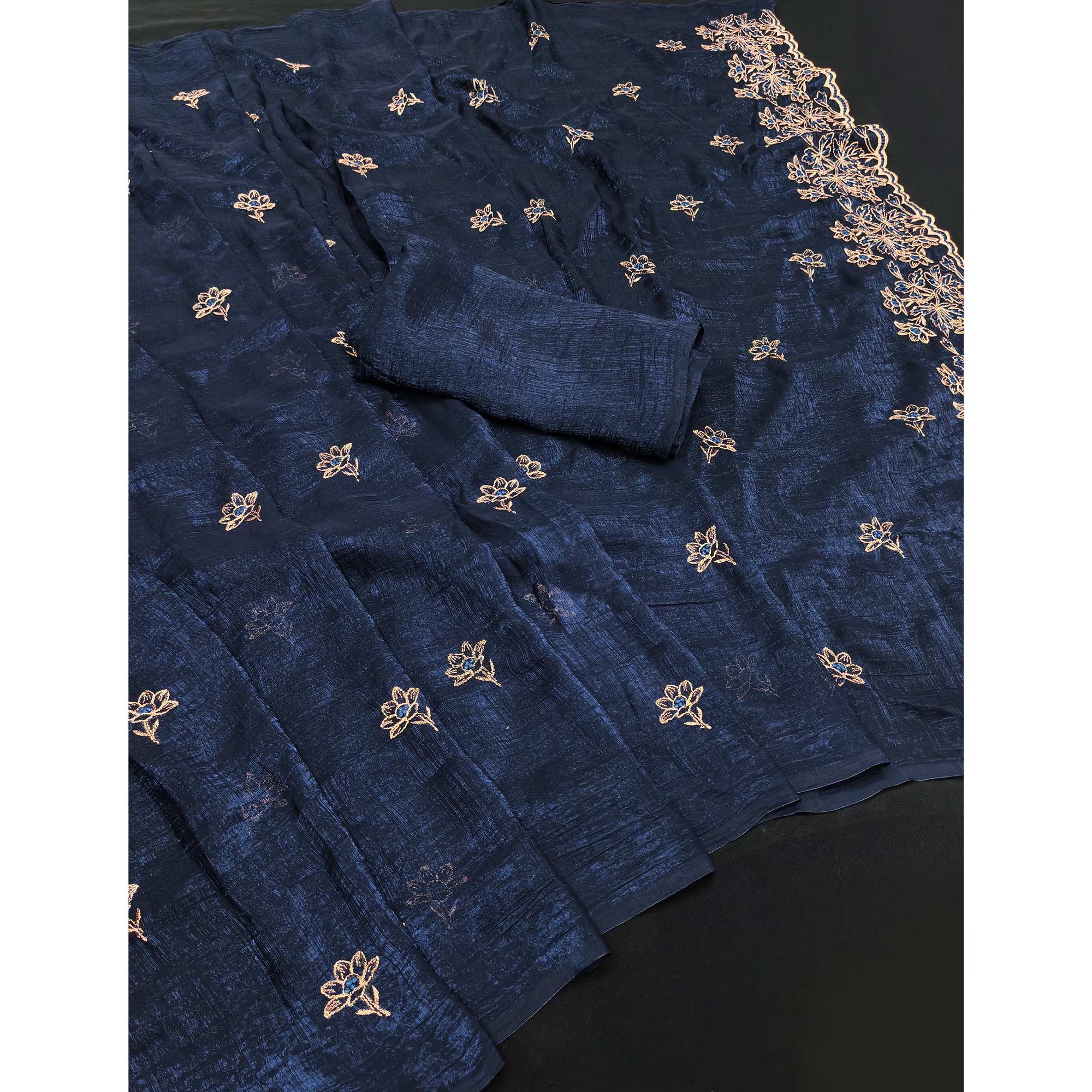 Timeless Navy Blue Floral Organza Saree with Embroidery for Parties - Image 3