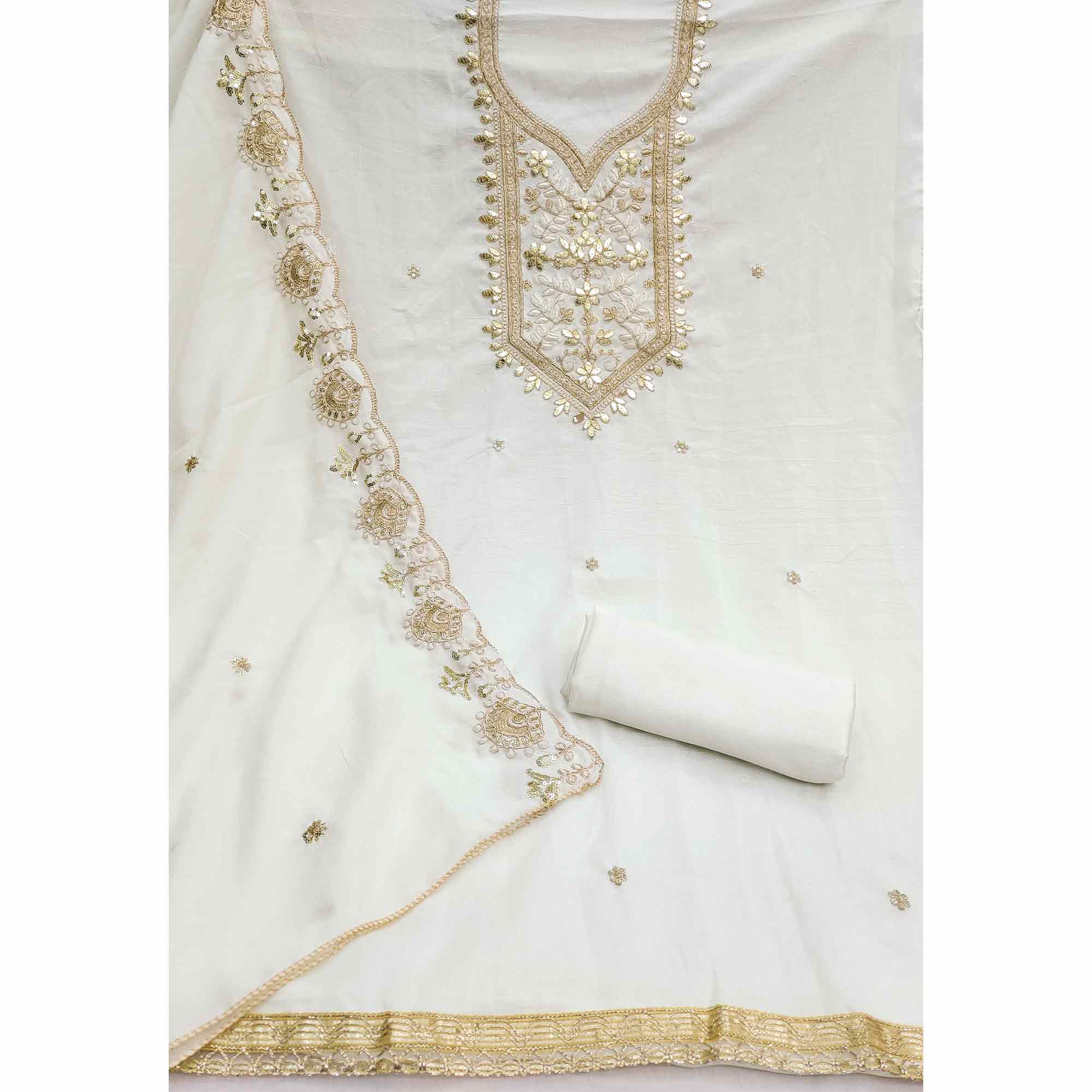 Timeless Offwhite Floral Embroidered Vichitra Silk Dress Material Highlighted With Gota Patti Work - Image 2