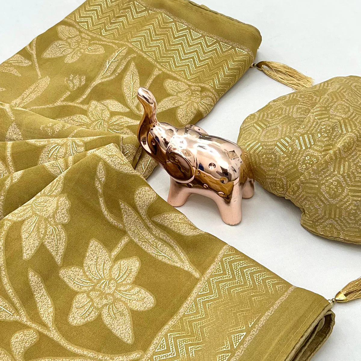 Timeless Olive Green Georgette Drape Adorned with All-over Floral Foil and Mill Print Detailing - Image 2