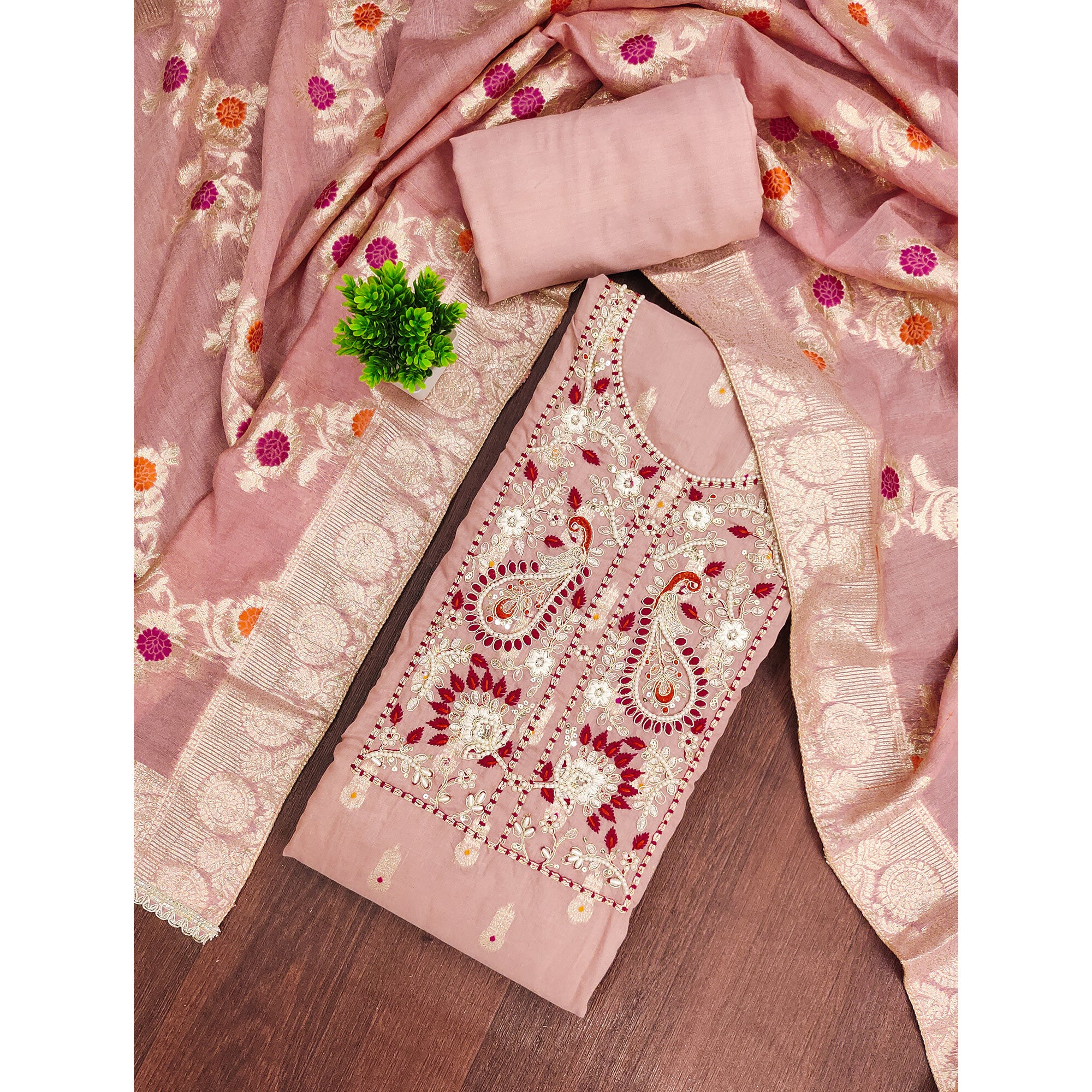 Timeless Peach Floral Weaving Muslin Dress Material With Elegant Sequins Embroidery & Moti Work - Image 3