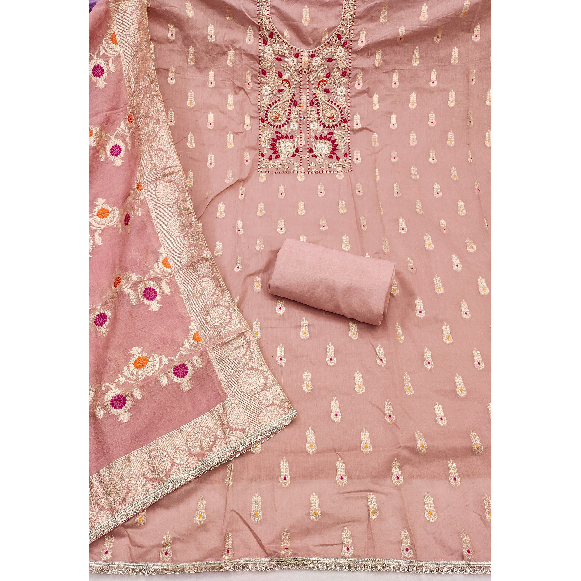 Timeless Peach Floral Weaving Muslin Dress Material With Elegant Sequins Embroidery & Moti Work - Image 4