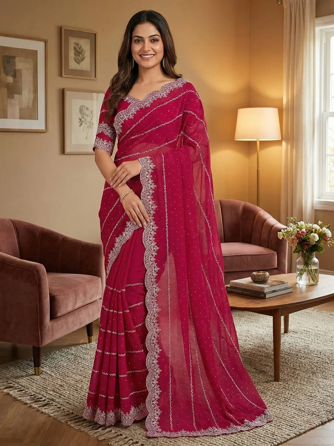 Timeless Pink Georgette Saree with Detailed Embroidery & Elegant Swarovski Embellishments