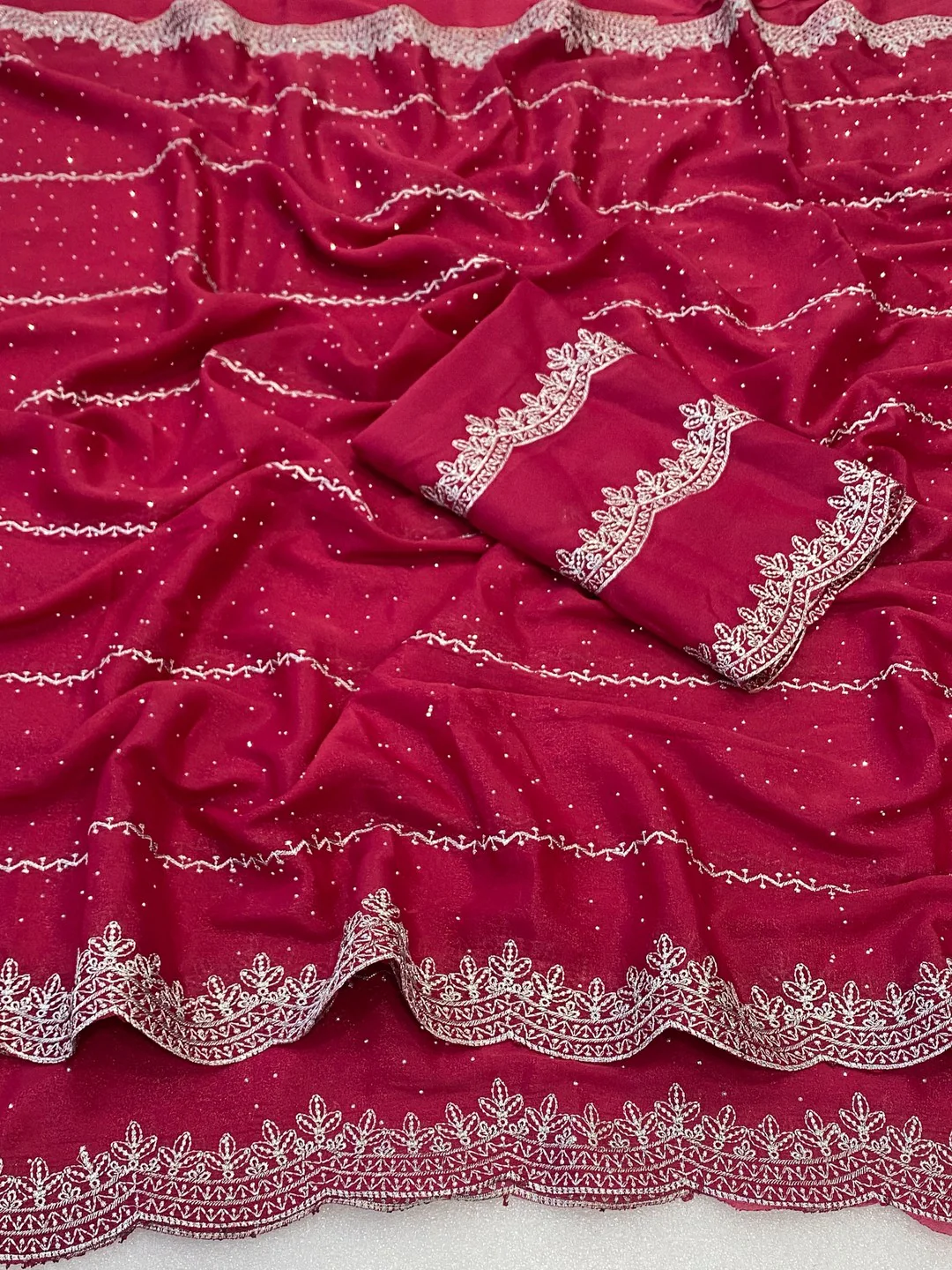 Timeless Pink Georgette Saree with Detailed Embroidery & Elegant Swarovski Embellishments - Image 3