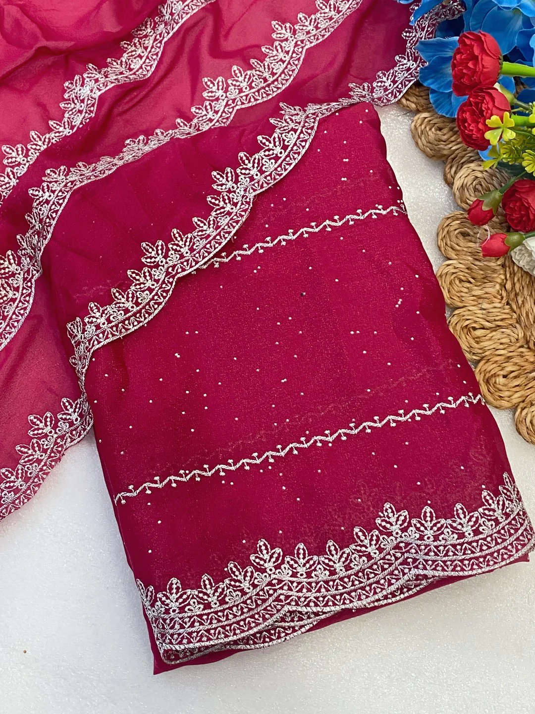 Timeless Pink Georgette Saree with Detailed Embroidery & Elegant Swarovski Embellishments - Image 4