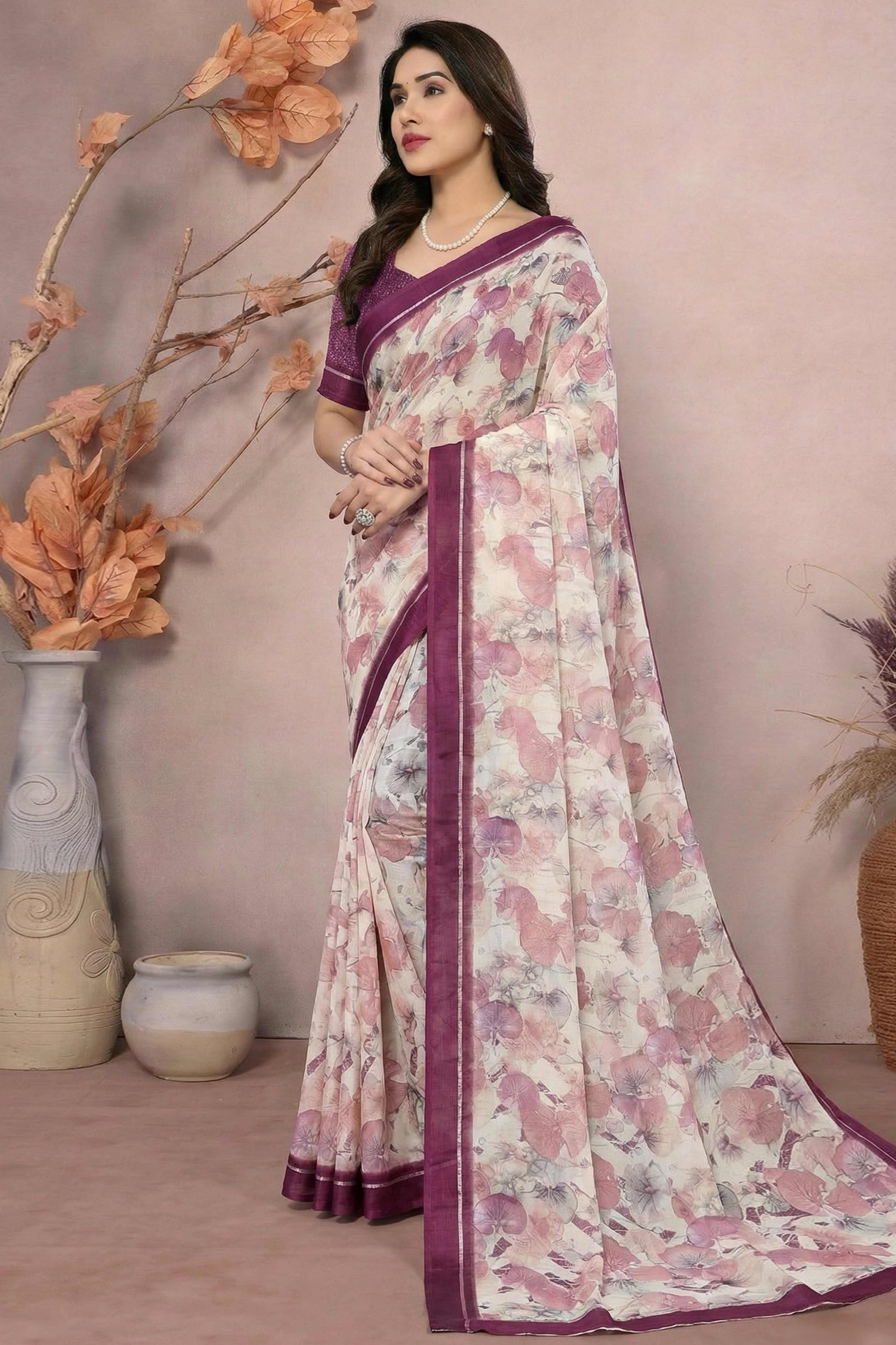 Timeless Purple Leaf Printed Moss Saree With A Sophisticated Satin Patta Border - Image 3
