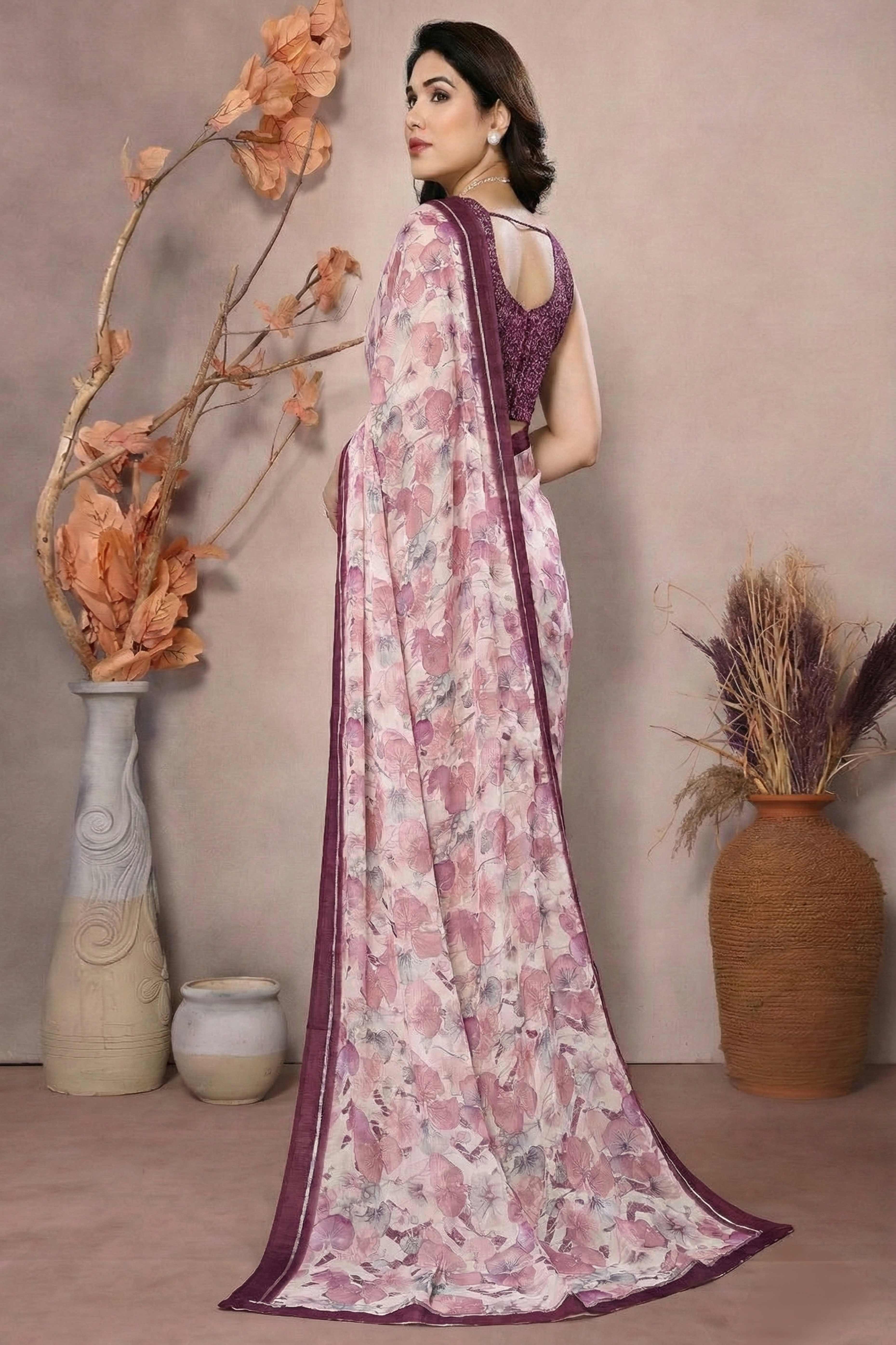 Timeless Purple Leaf Printed Moss Saree With A Sophisticated Satin Patta Border - Image 4