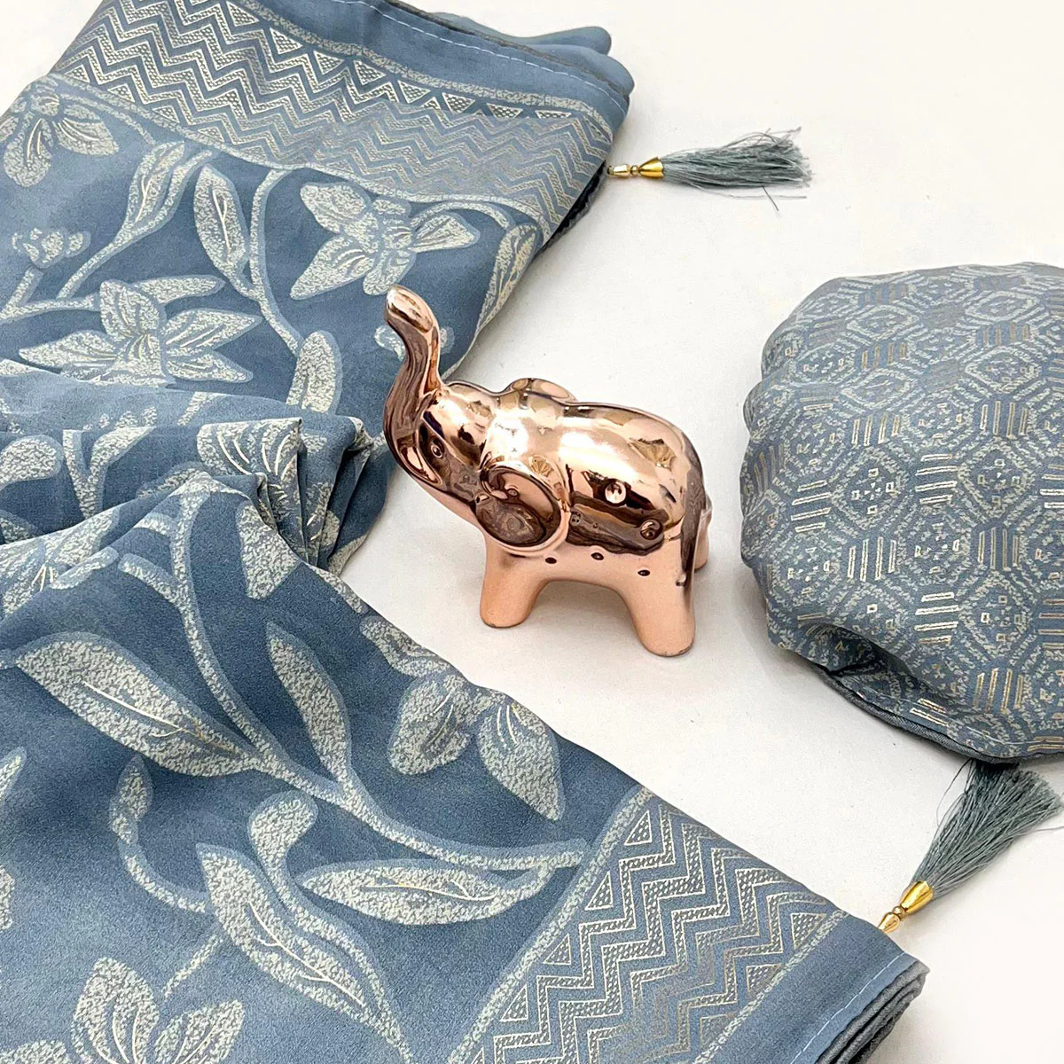 Timeless Steel Blue Georgette Drape Adorned with All-over Floral Foil and Mill Print Detailing - Image 2
