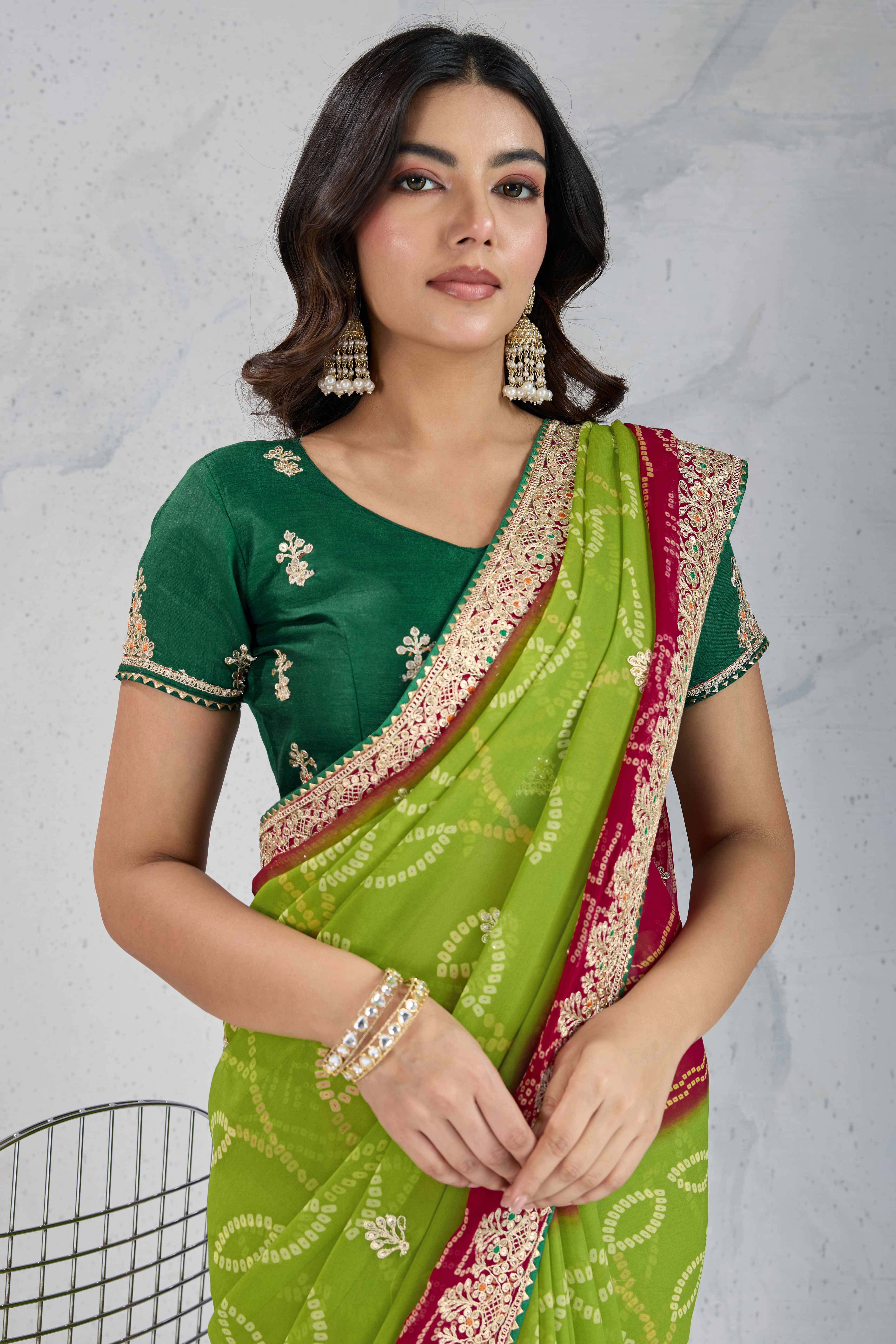 Traditional Bandhani Green Georgette Saree with Fine Embroidery - Image 6