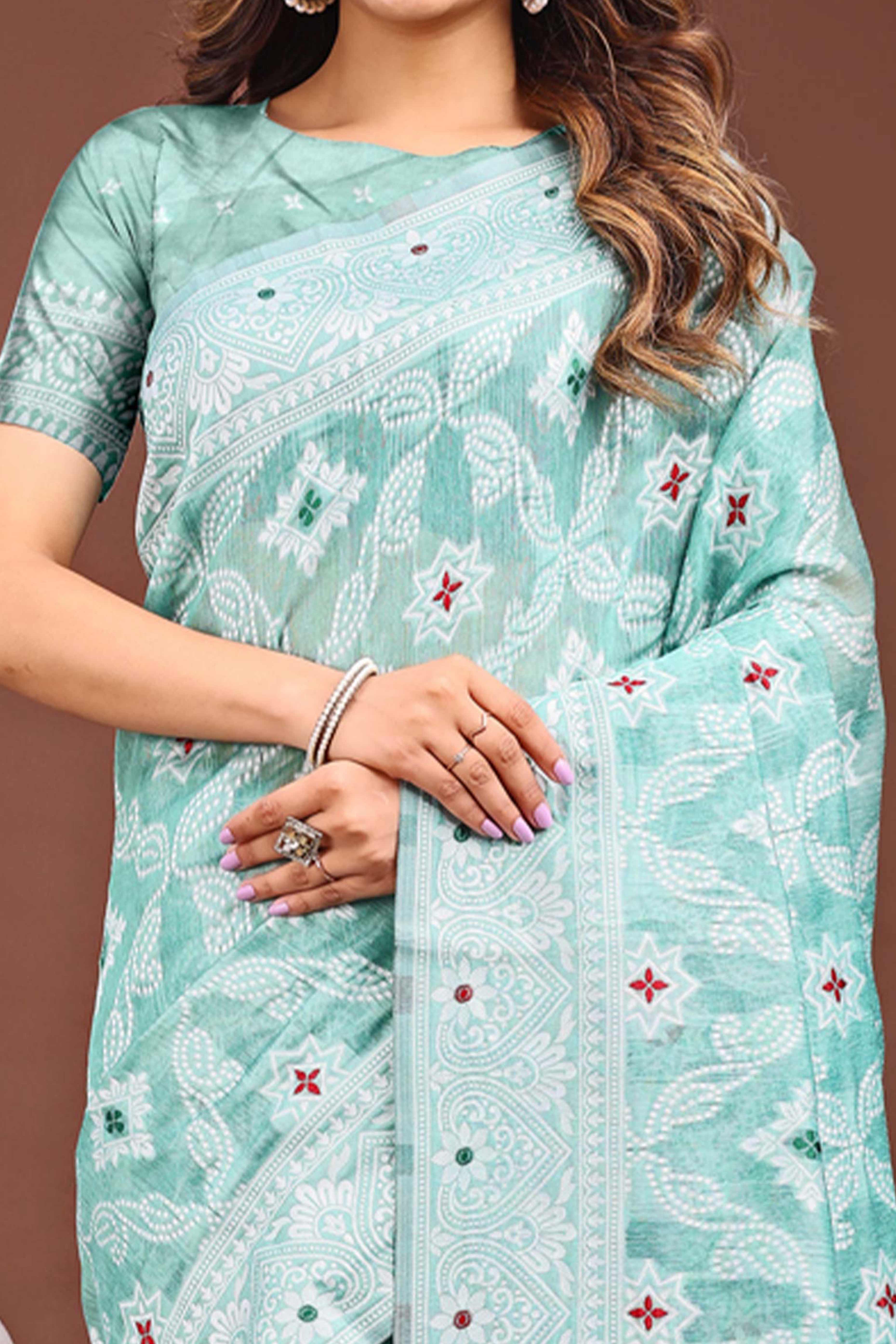 Traditional Bandhani Inspired Woven Sea Green Saree in Breathable Linen Cotton - Image 2