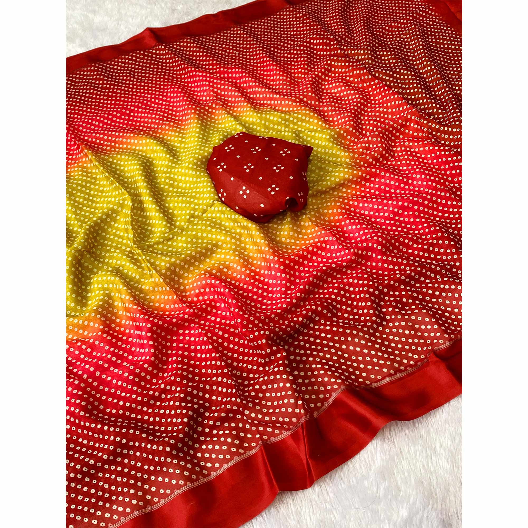 Traditional Bandhani Moss Georgette Saree in Dual Tone Yellow & Red - Image 3