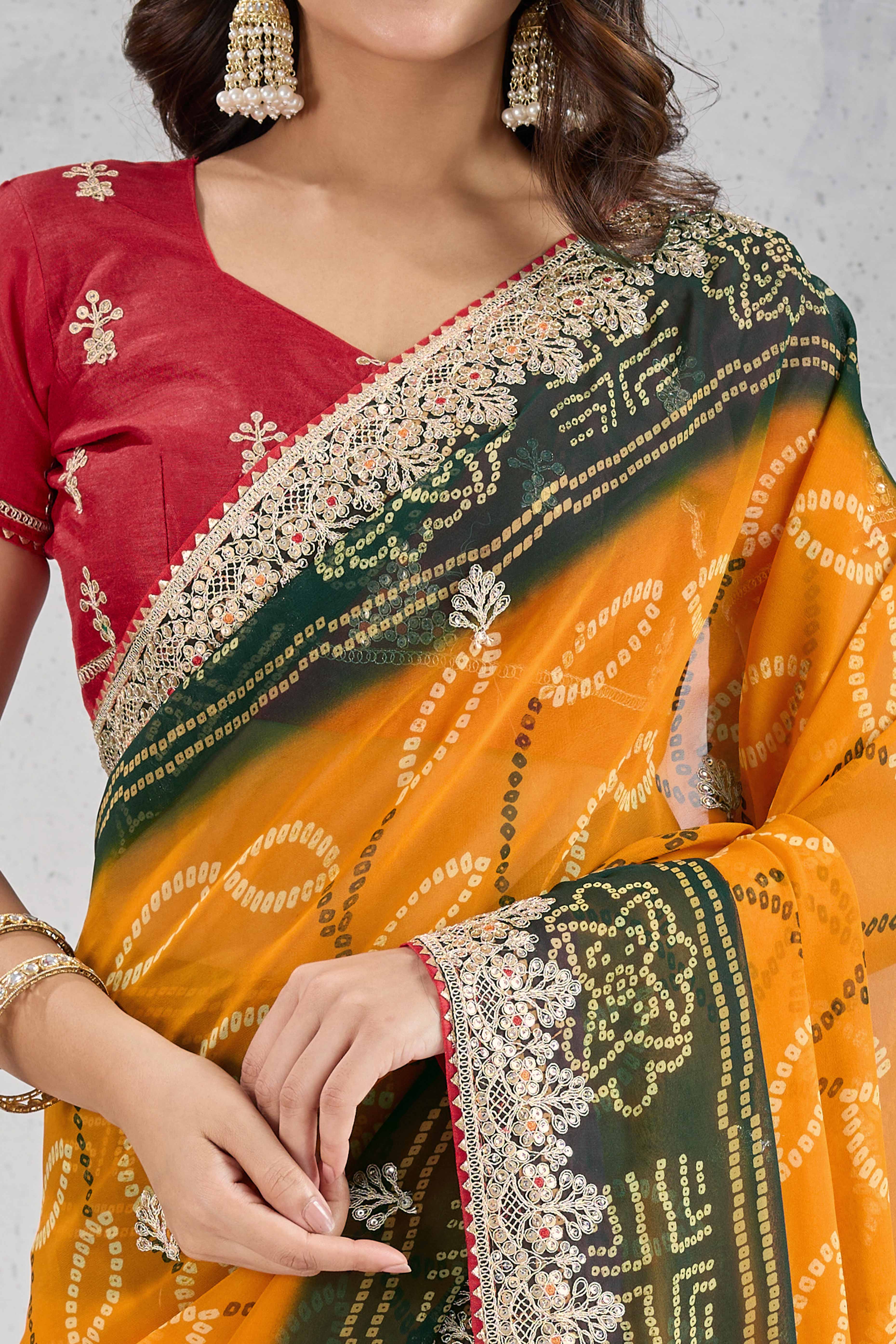 Traditional Bandhani Mustard Georgette Saree with Fine Embroidery - Image 2