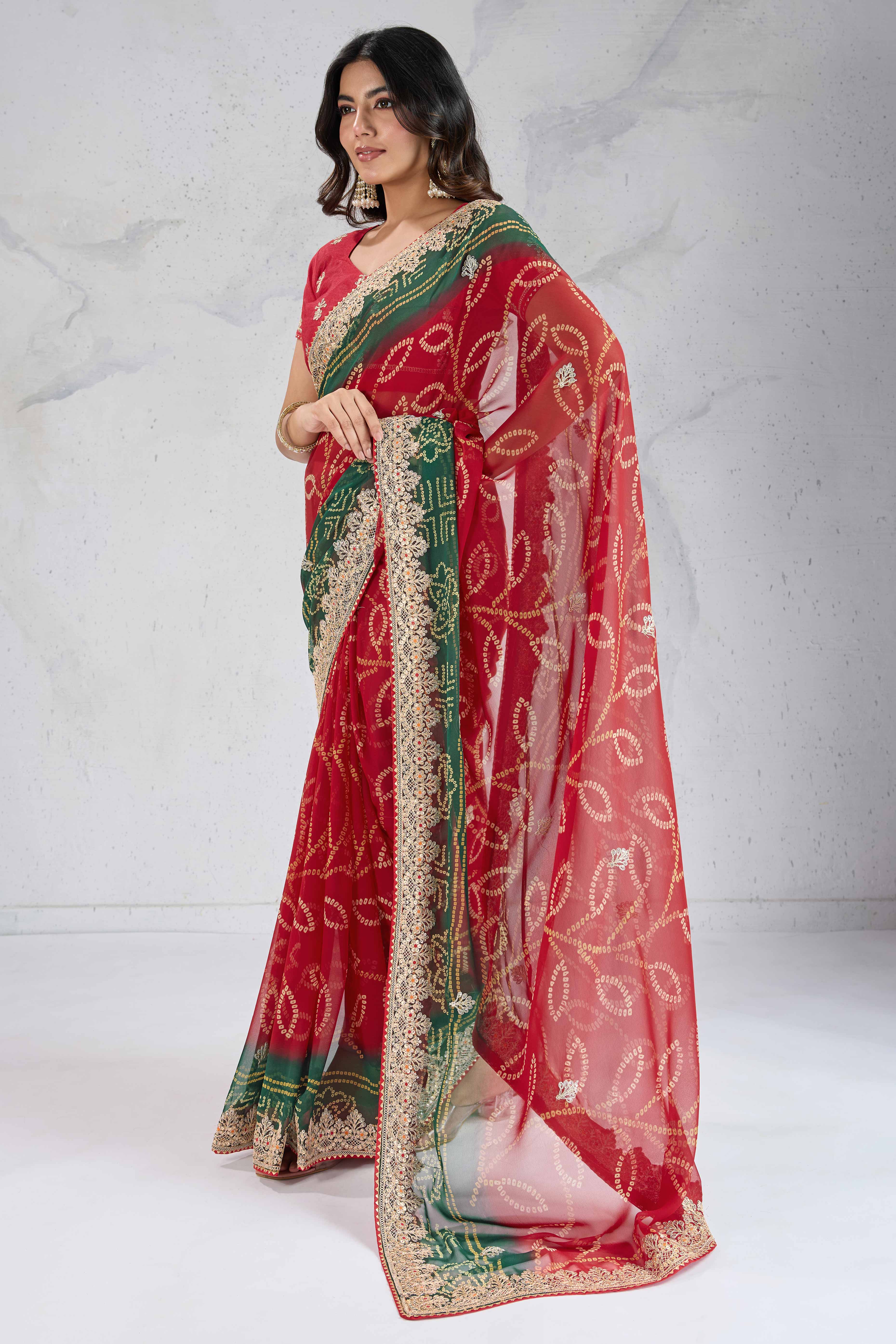 Traditional Bandhani Red Georgette Saree with Fine Embroidery - Image 3