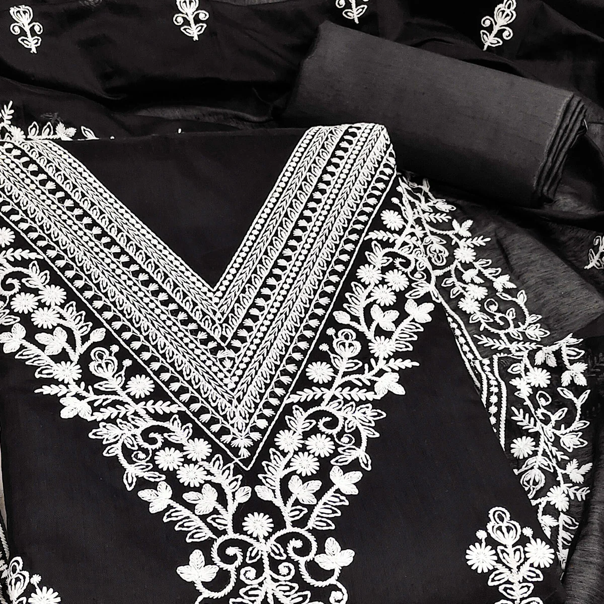Traditional Black Chanderi Silk Suit Fabric with Embroidered Floral Patterns - Image 2