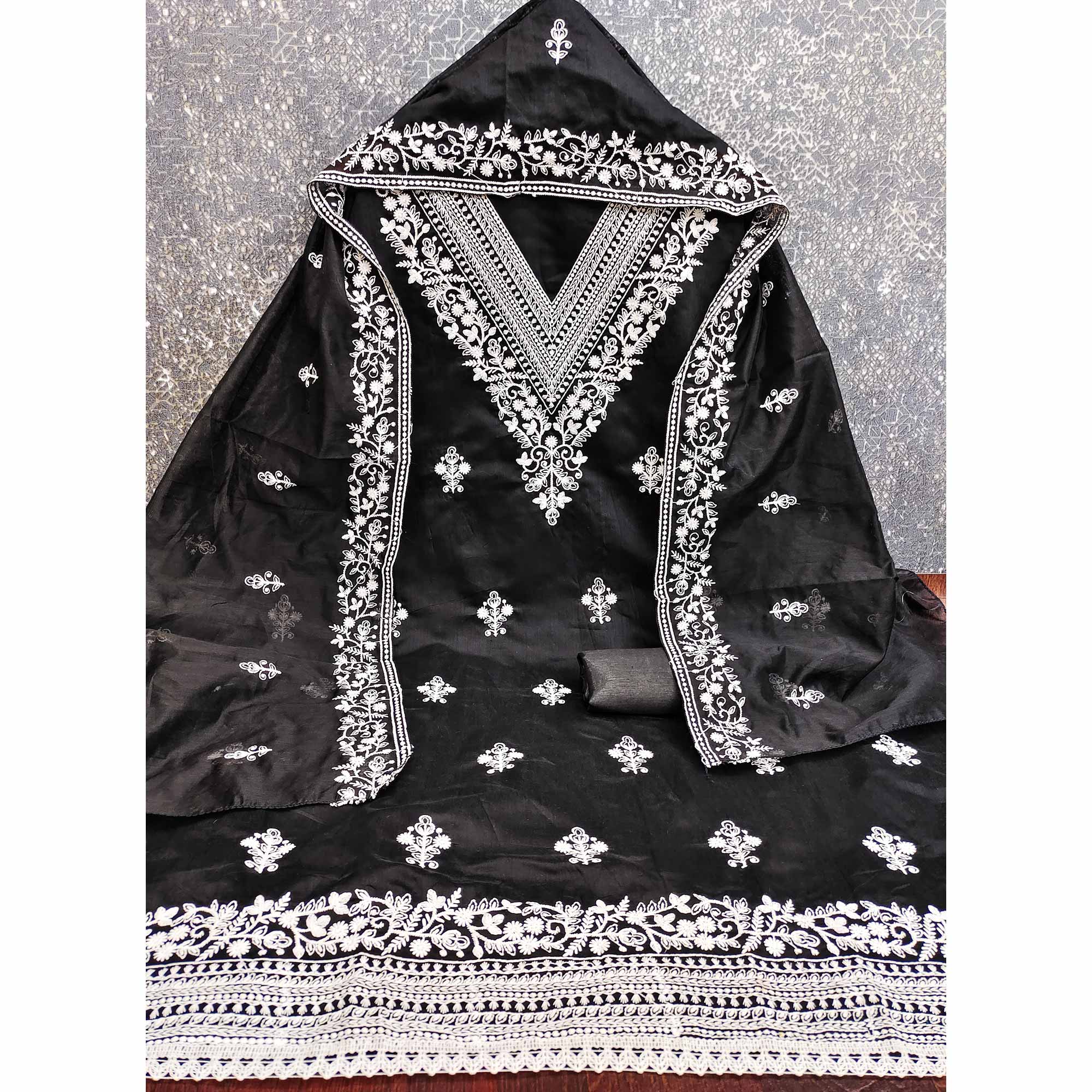 Traditional Black Chanderi Silk Suit Fabric with Embroidered Floral Patterns - Image 3