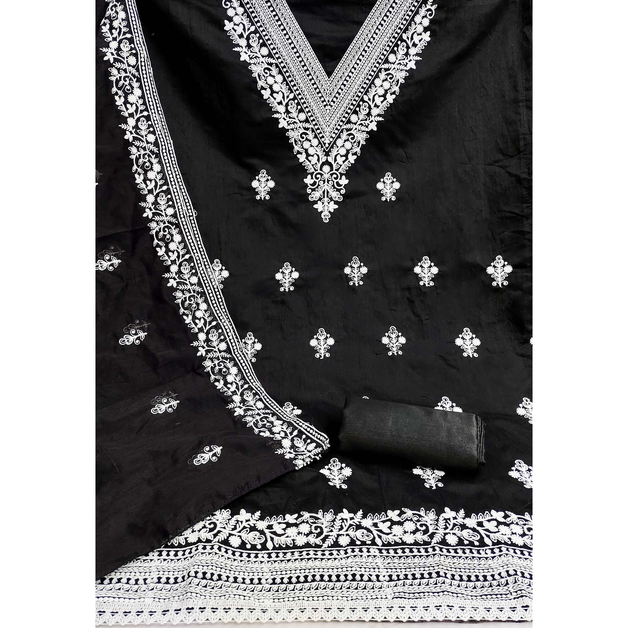 Traditional Black Chanderi Silk Suit Fabric with Embroidered Floral Patterns - Image 4