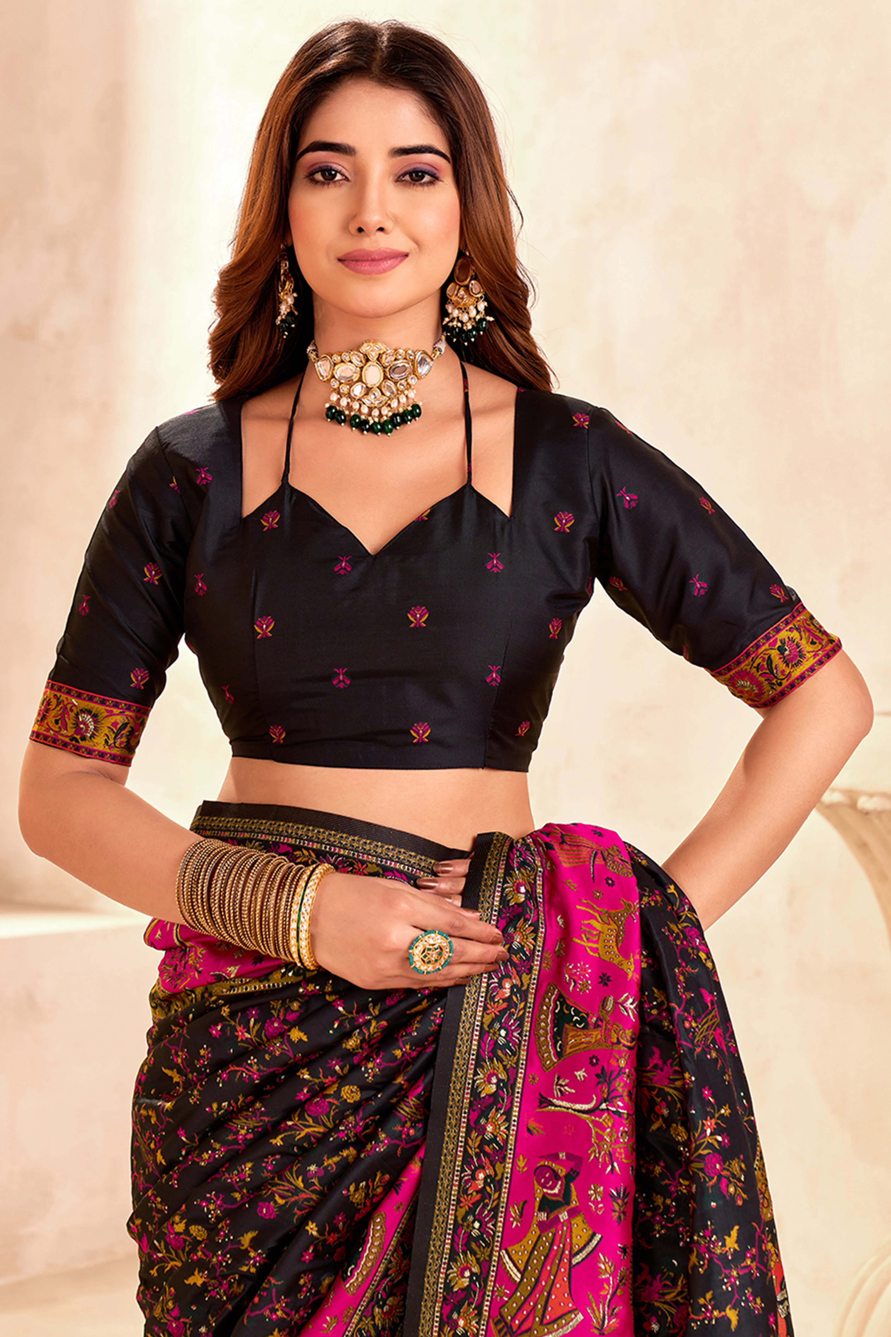Traditional Black Rajwadi Weaving Pashmina Silk Saree With Kashmiri Pallu & Elegant Zari Border - Image 6