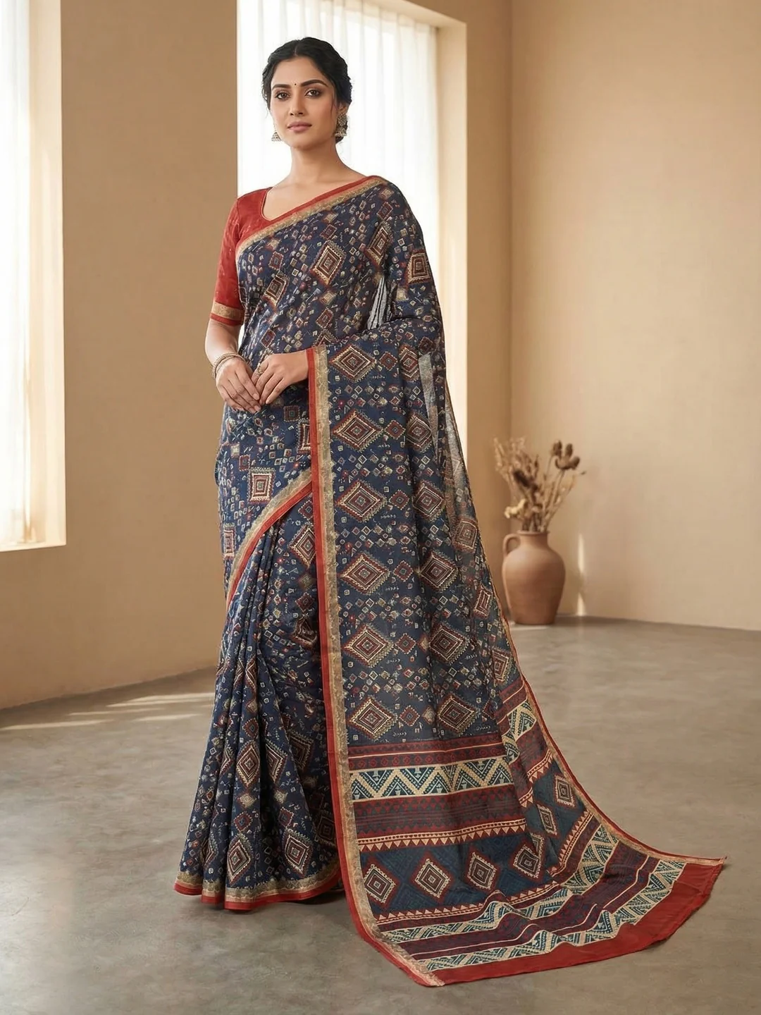 Traditional Blue Chanderi Silk Saree with Detailed Geometric Print Pattern
